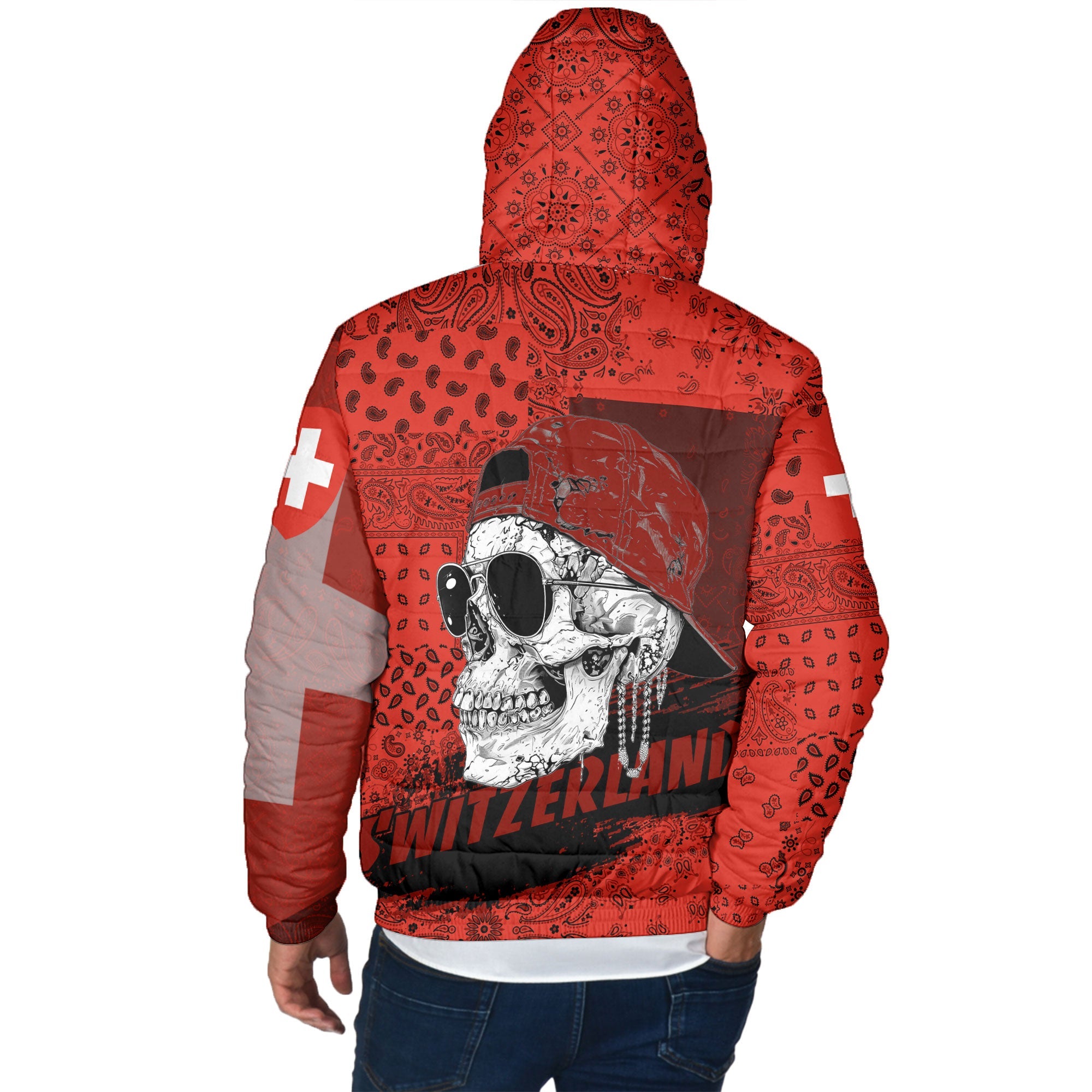 Switzerland Men Hooded Padded Jacket Paisley Flag And Skull Style 3