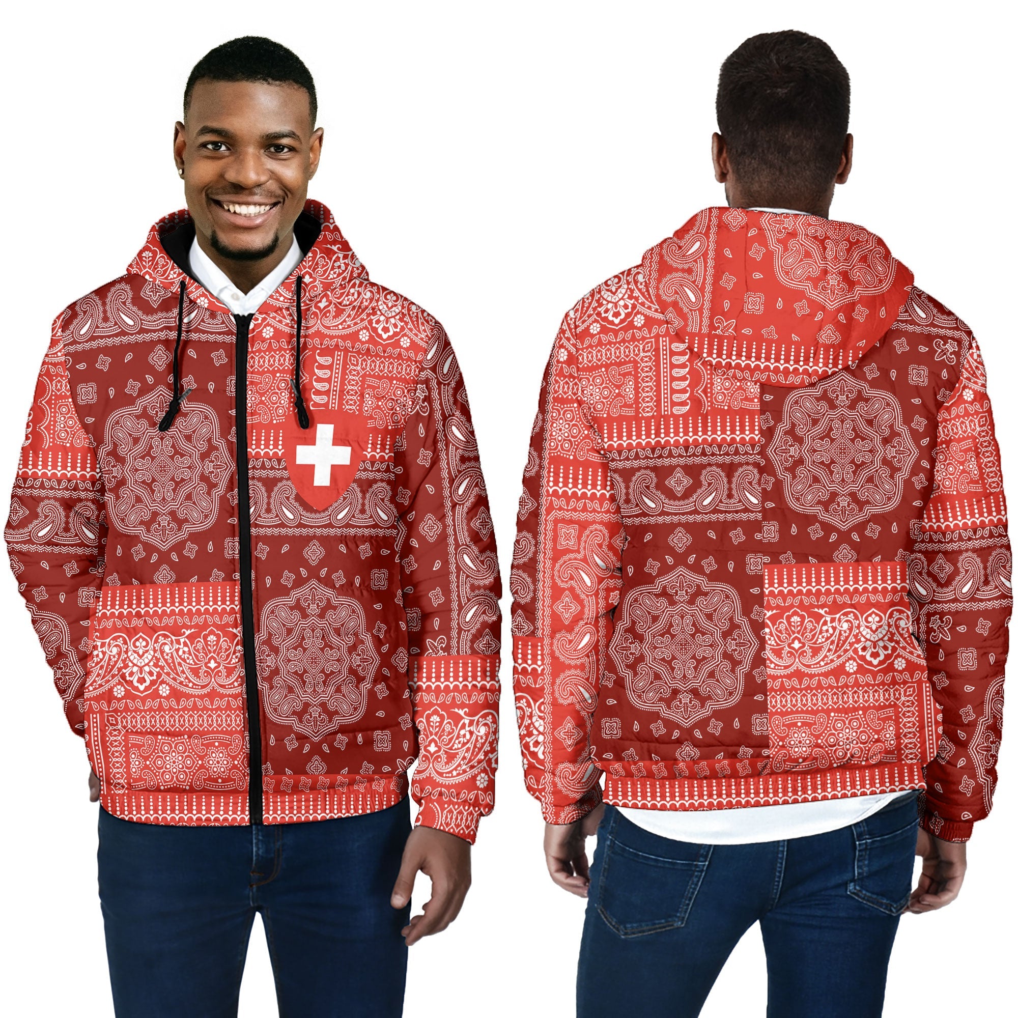 Switzerland Men Hooded Padded Jacket Flag And Paisley Basic Style 4