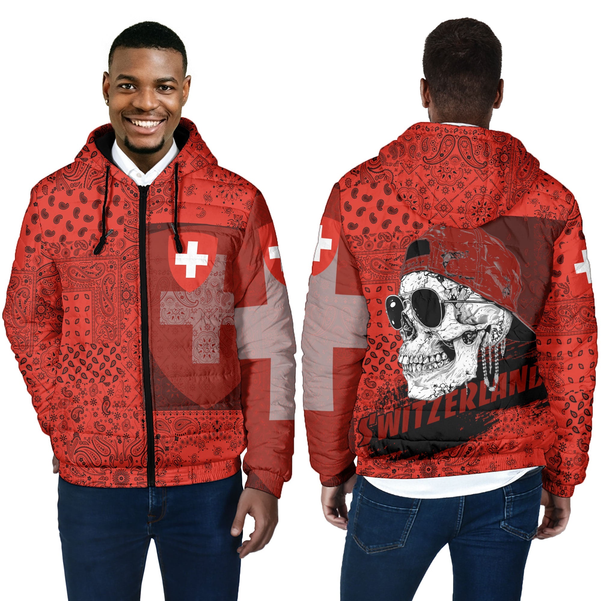 Switzerland Men Hooded Padded Jacket Paisley Flag And Skull Style 4