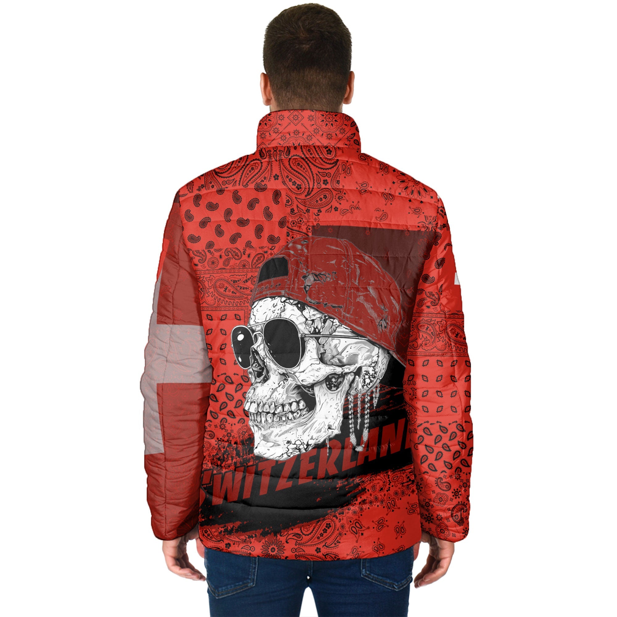 Switzerland Men Padded Jacket Paisley Flag And Skull Style 2