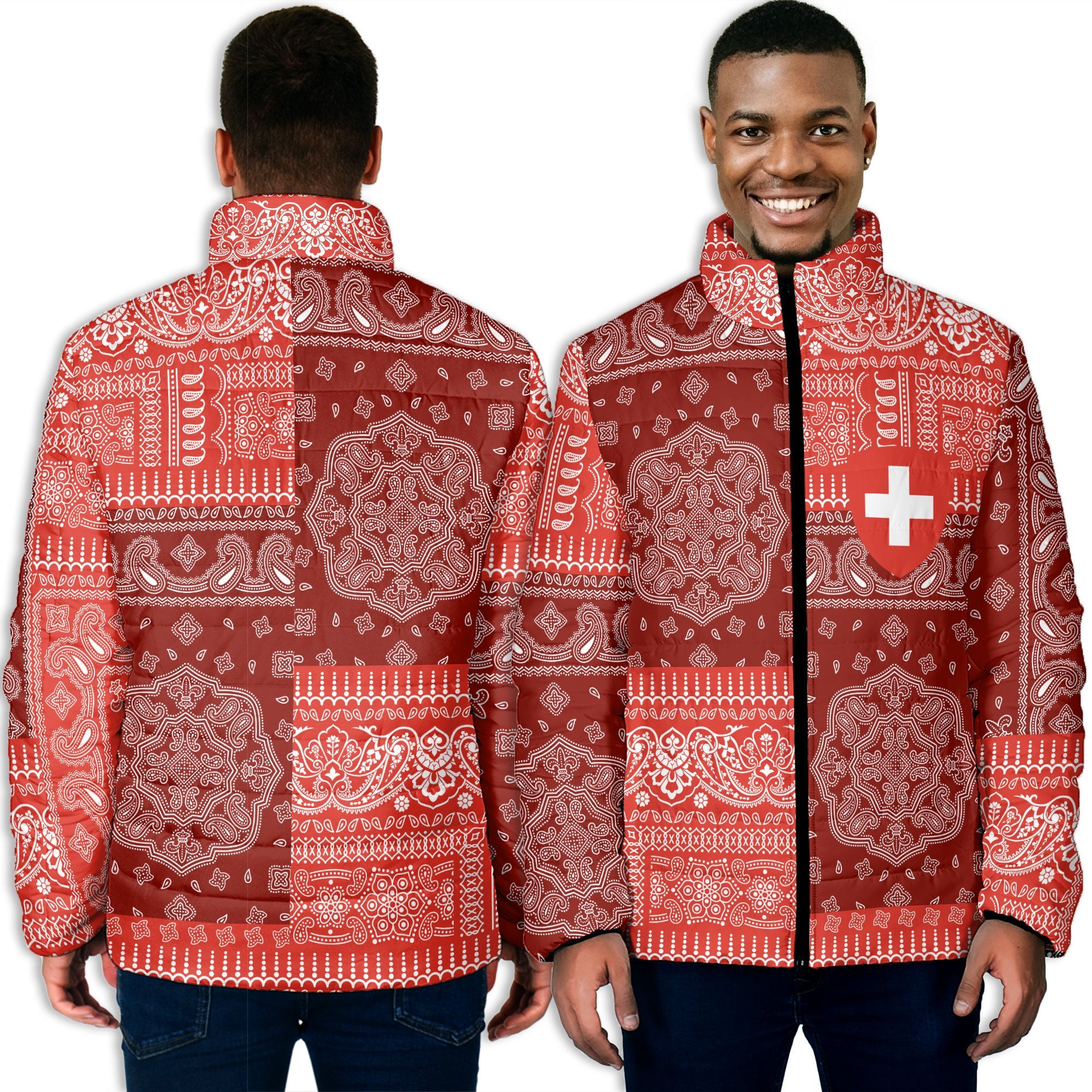 Switzerland Men Padded Jacket Flag And Paisley Basic Style 3