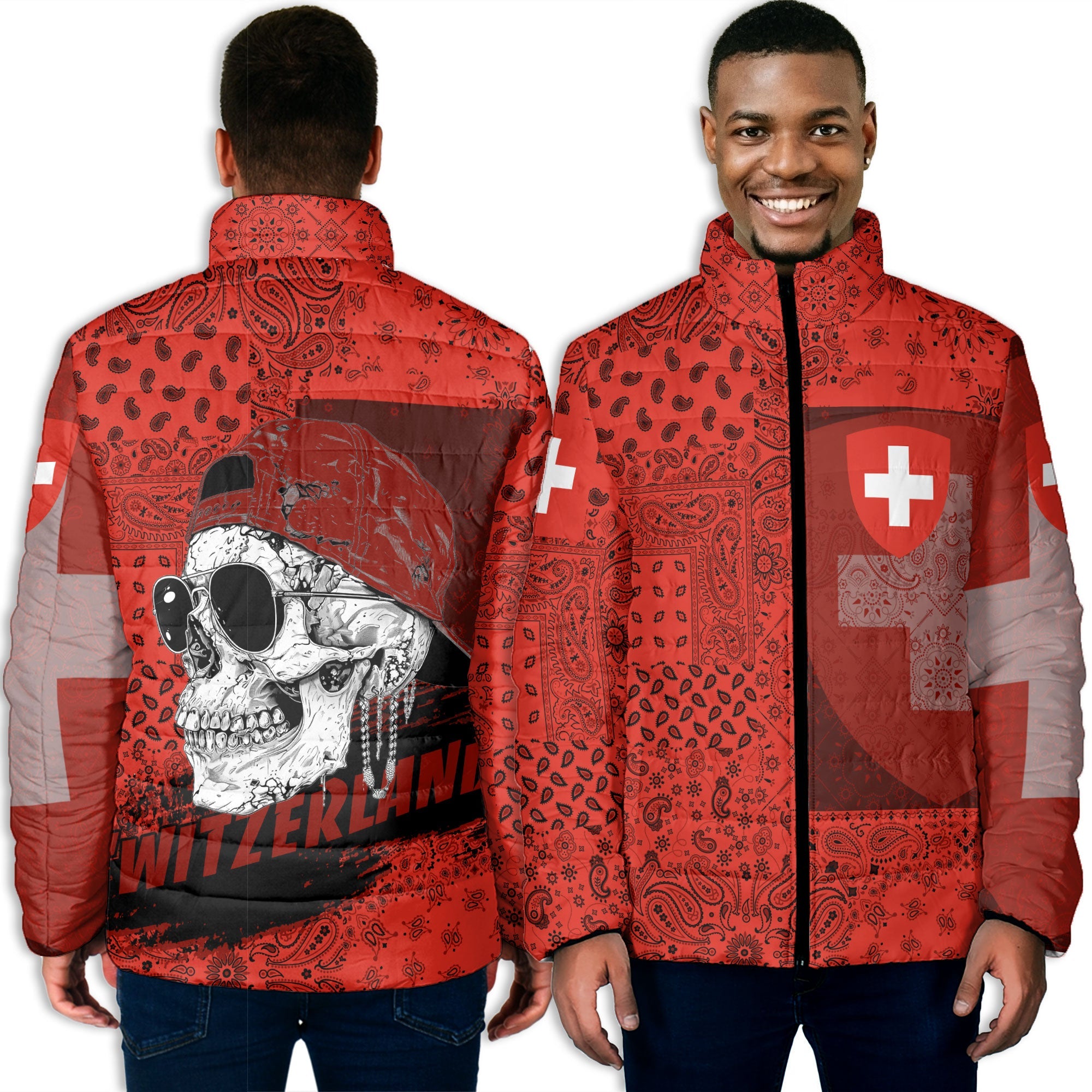 Switzerland Men Padded Jacket Paisley Flag And Skull Style 3