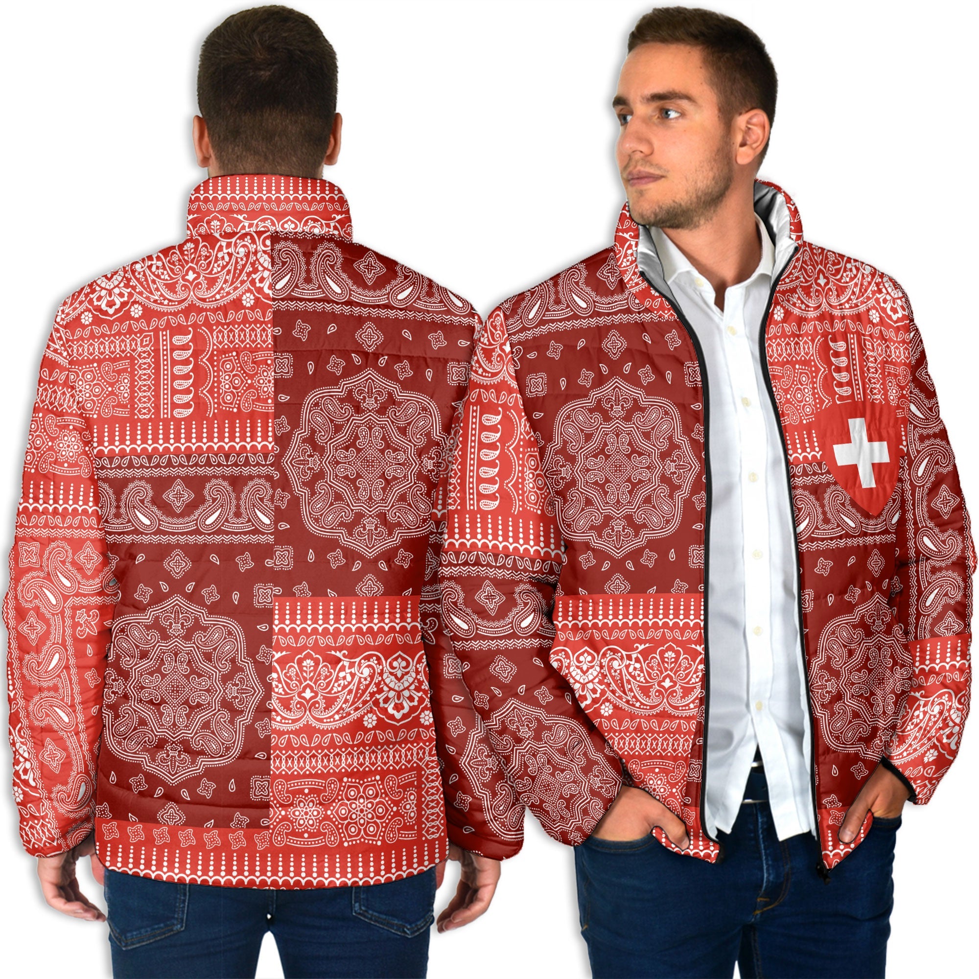 Switzerland Men Padded Jacket Flag And Paisley Basic Style 4