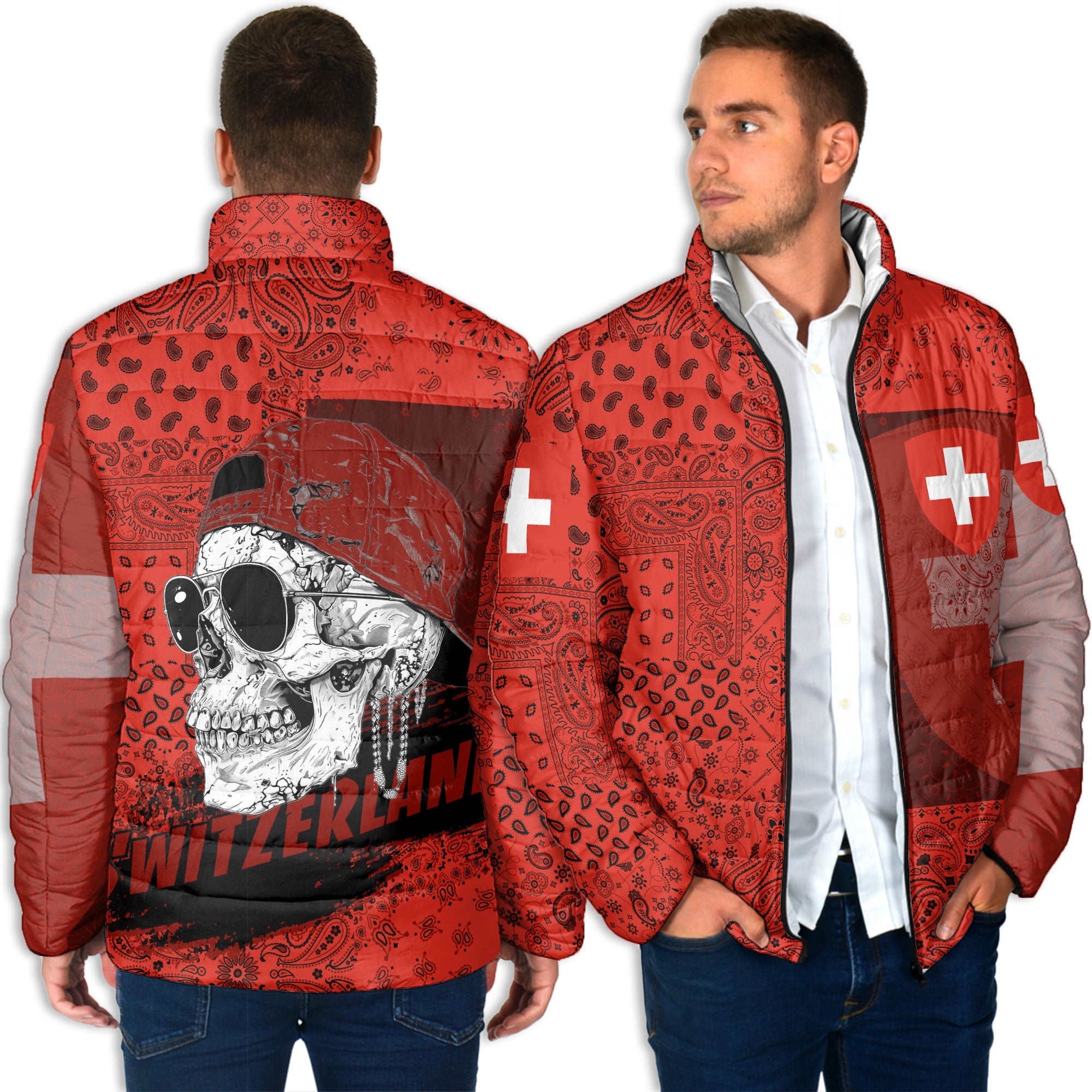 Switzerland Men Padded Jacket Paisley Flag And Skull Style 4