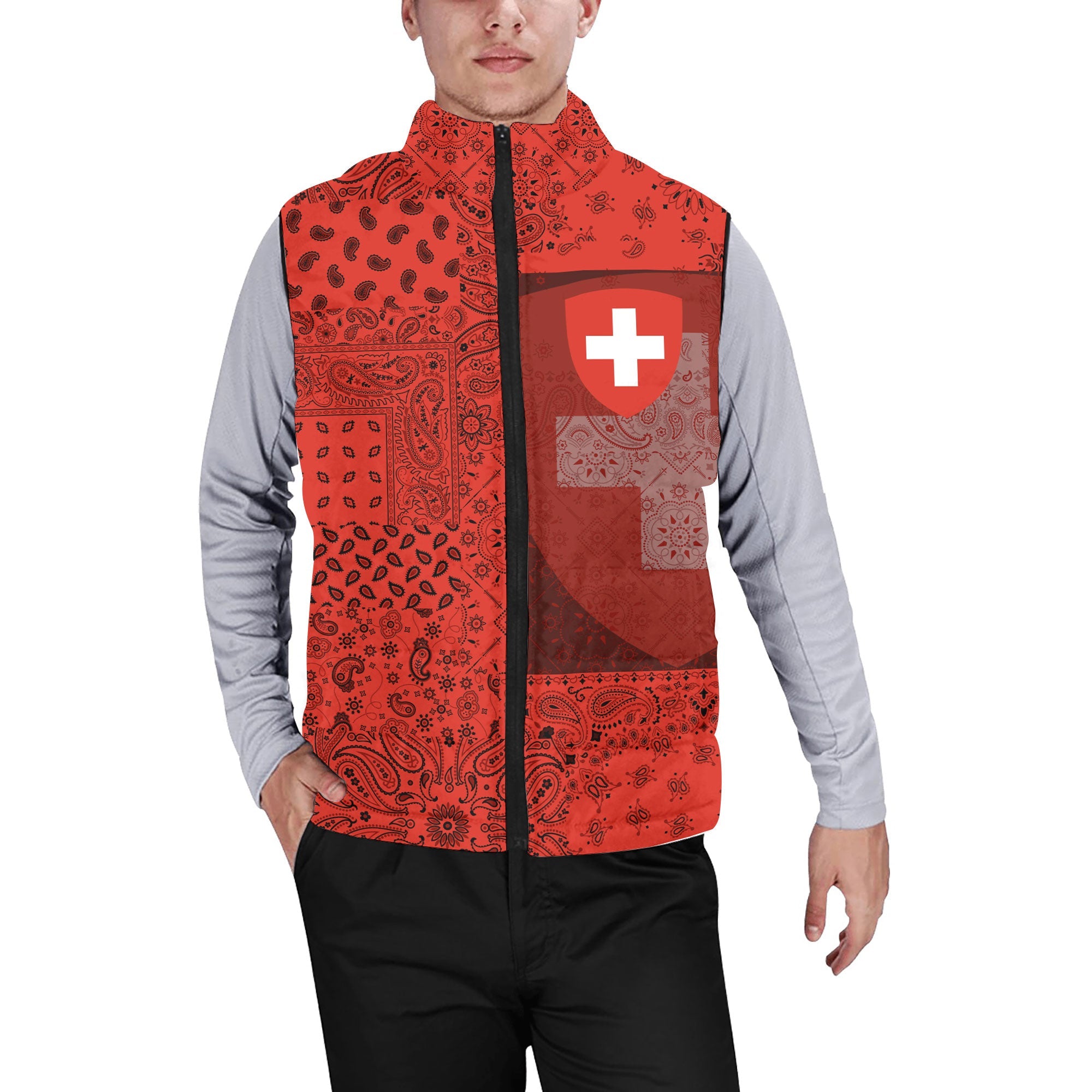 Switzerland Men Padded Jacket Vest Paisley Flag And Skull Style 1