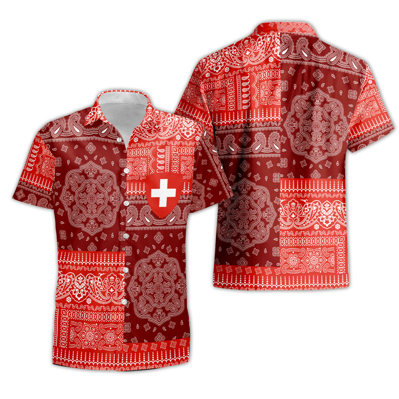 Switzerland Short Sleeve Shirt Flag And Paisley Basic Style 1