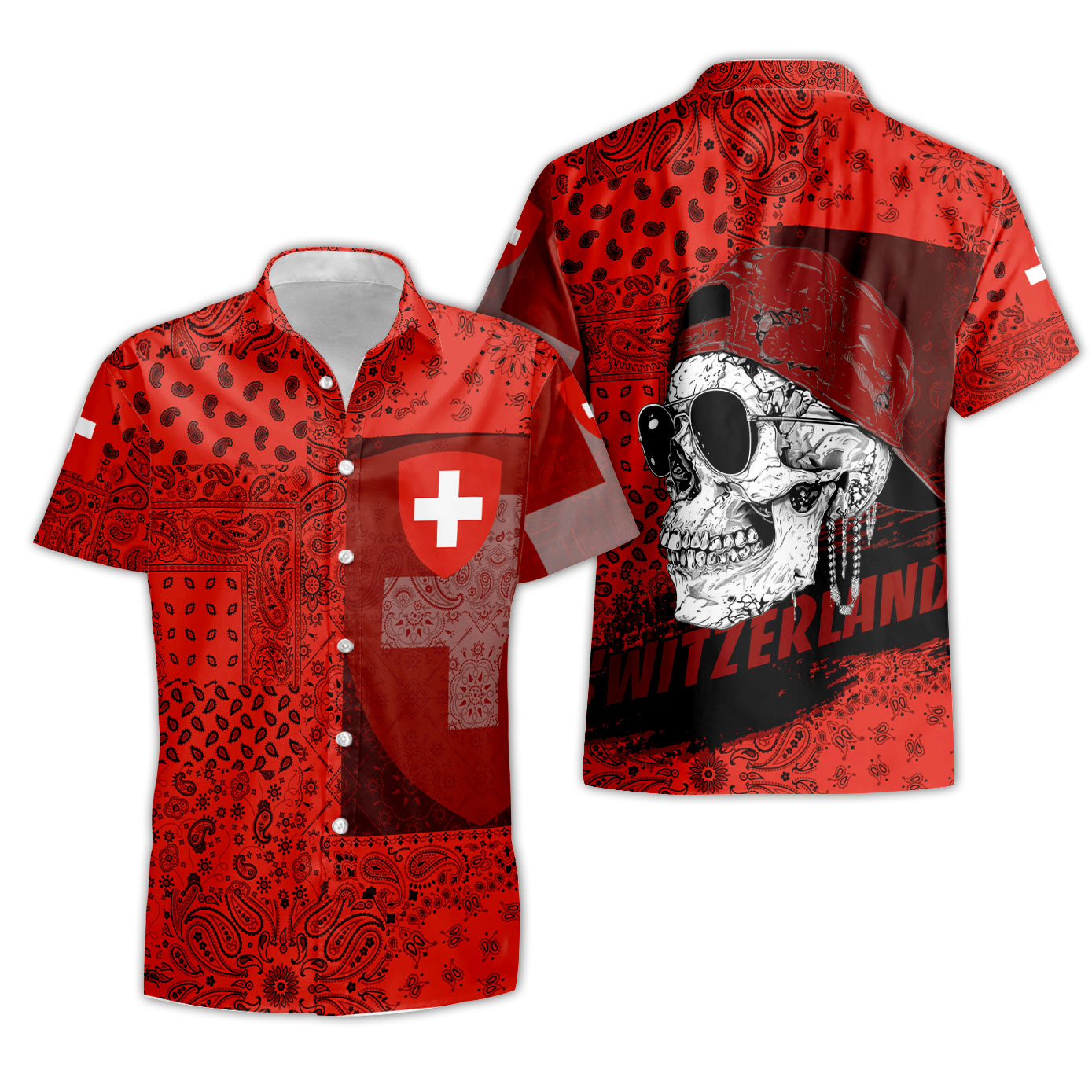 Switzerland Short Sleeve Shirt Paisley Flag And Skull Style 3