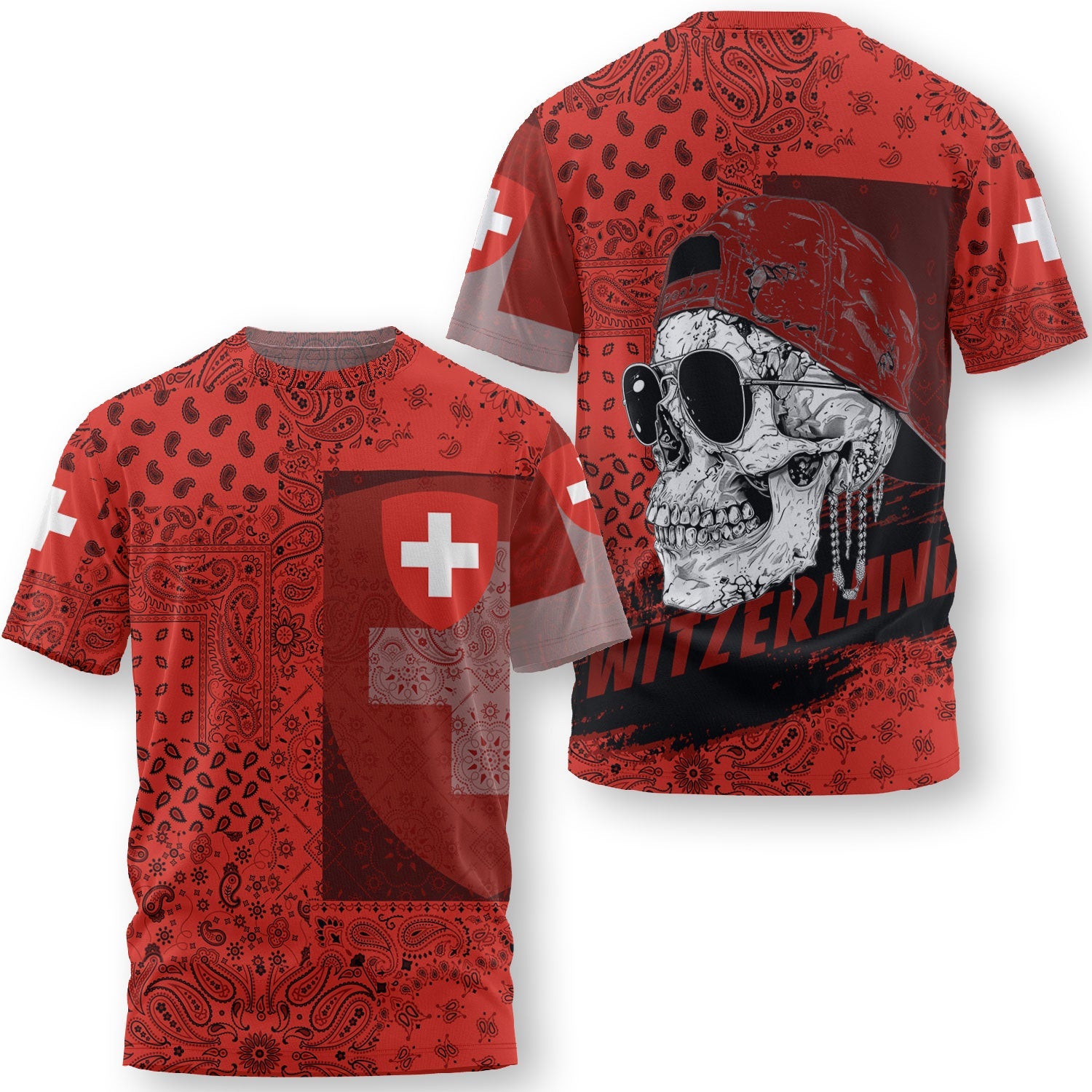 Switzerland T Shirt Paisley Flag And Skull Style 3