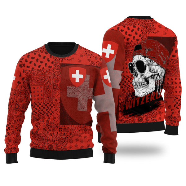 Switzerland Ugly Sweater Paisley Flag And Skull Style 1