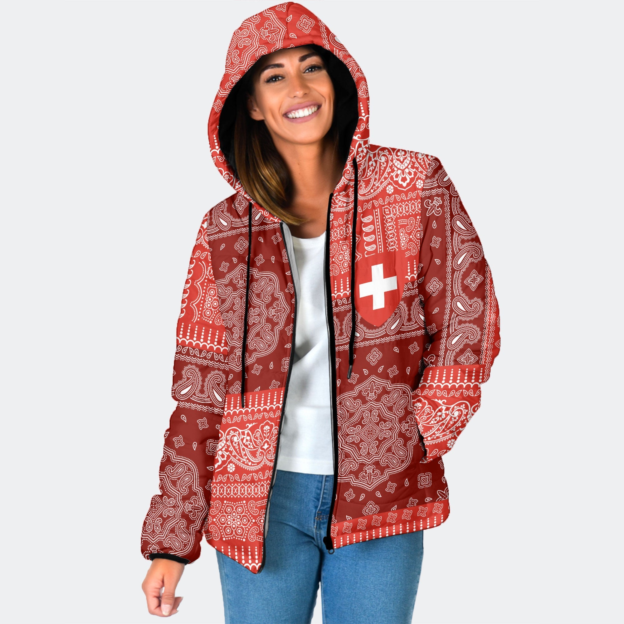 Switzerland Women Hooded Padded Jacket Flag And Paisley Basic Style 1