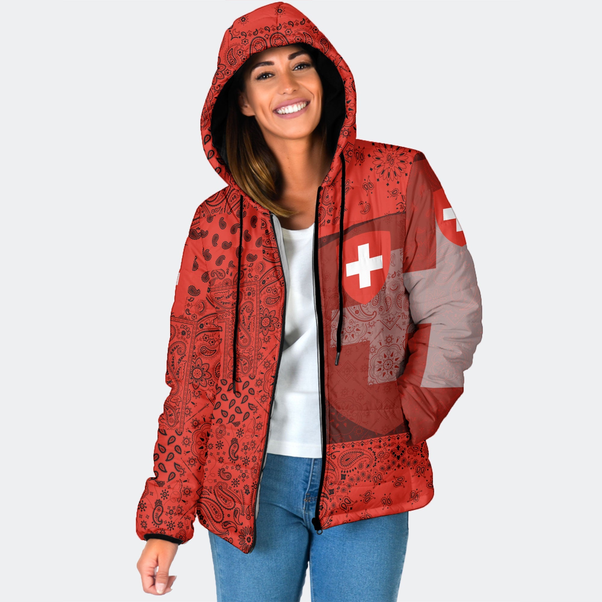 Switzerland Women Hooded Padded Jacket Paisley Flag And Skull Style 1