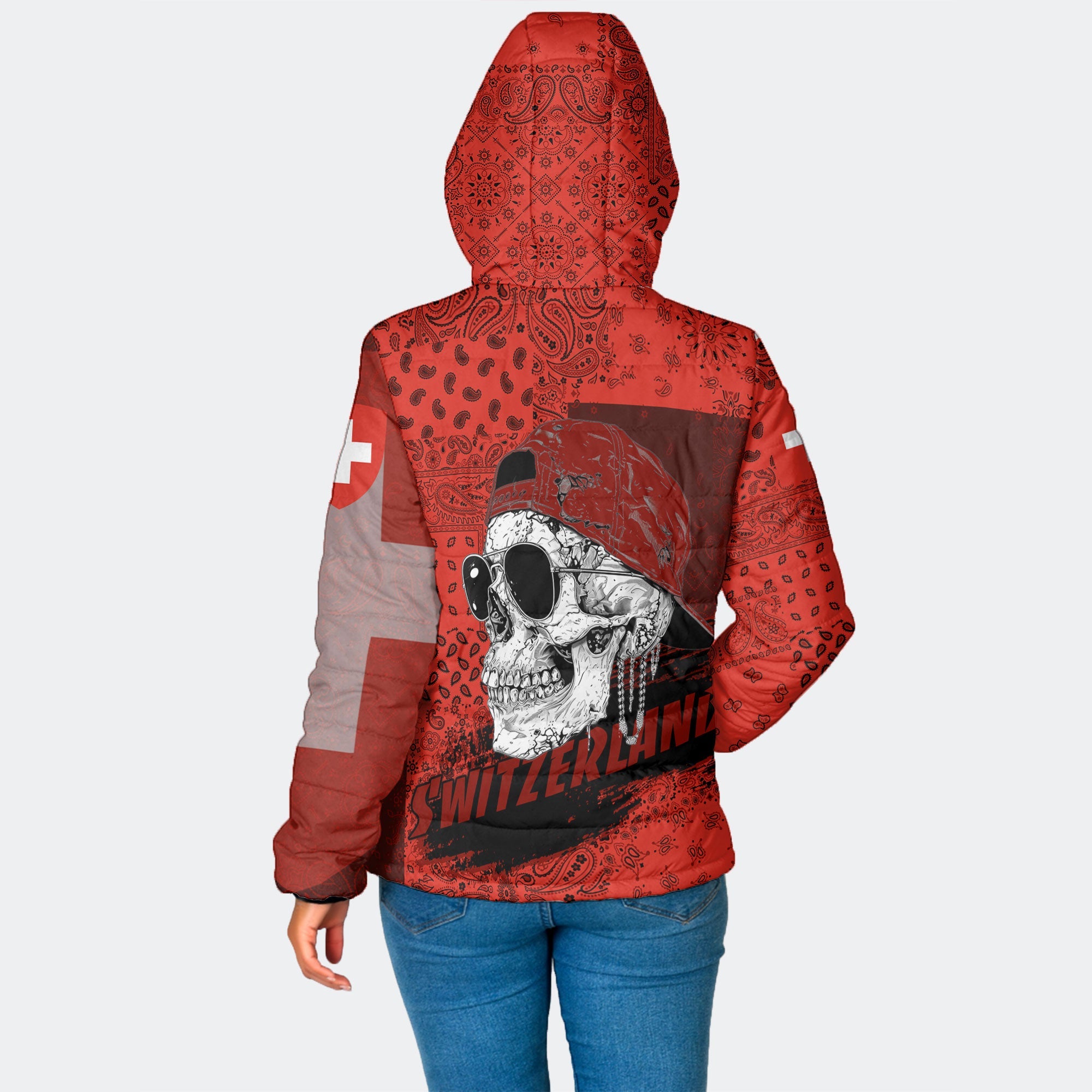 Switzerland Women Hooded Padded Jacket Paisley Flag And Skull Style 2