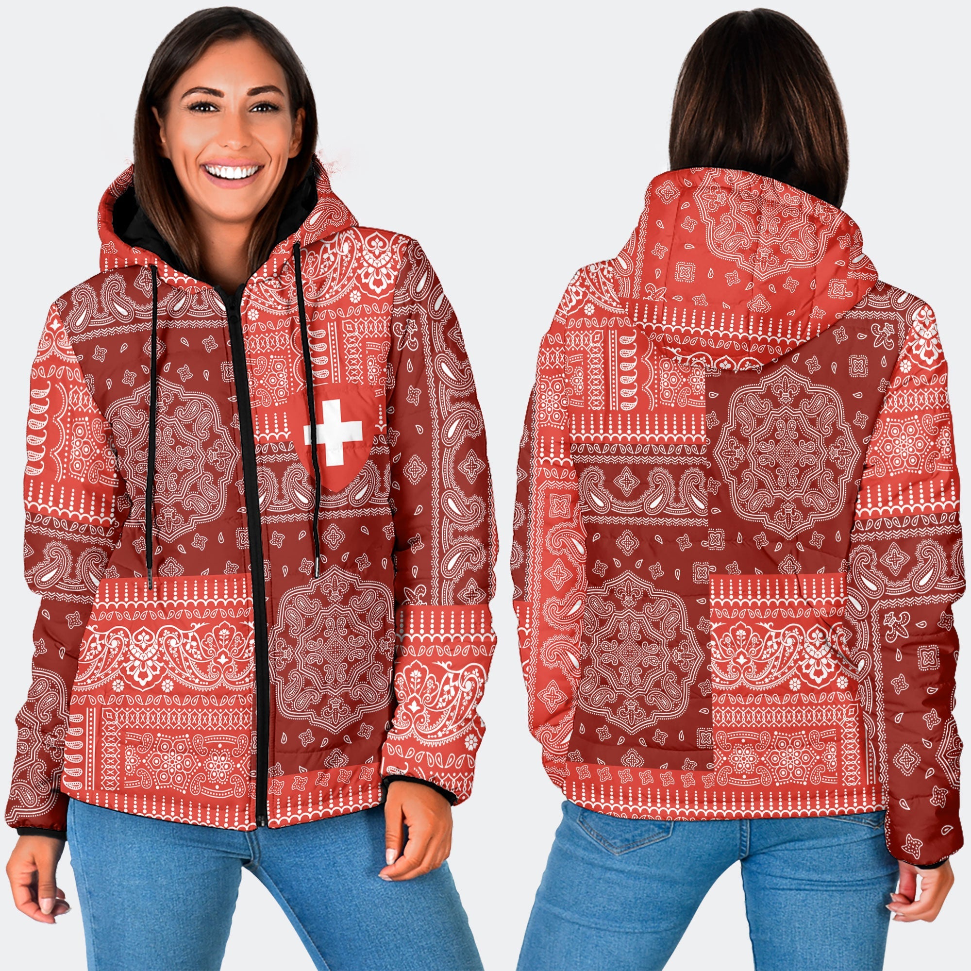 Switzerland Women Hooded Padded Jacket Flag And Paisley Basic Style 3