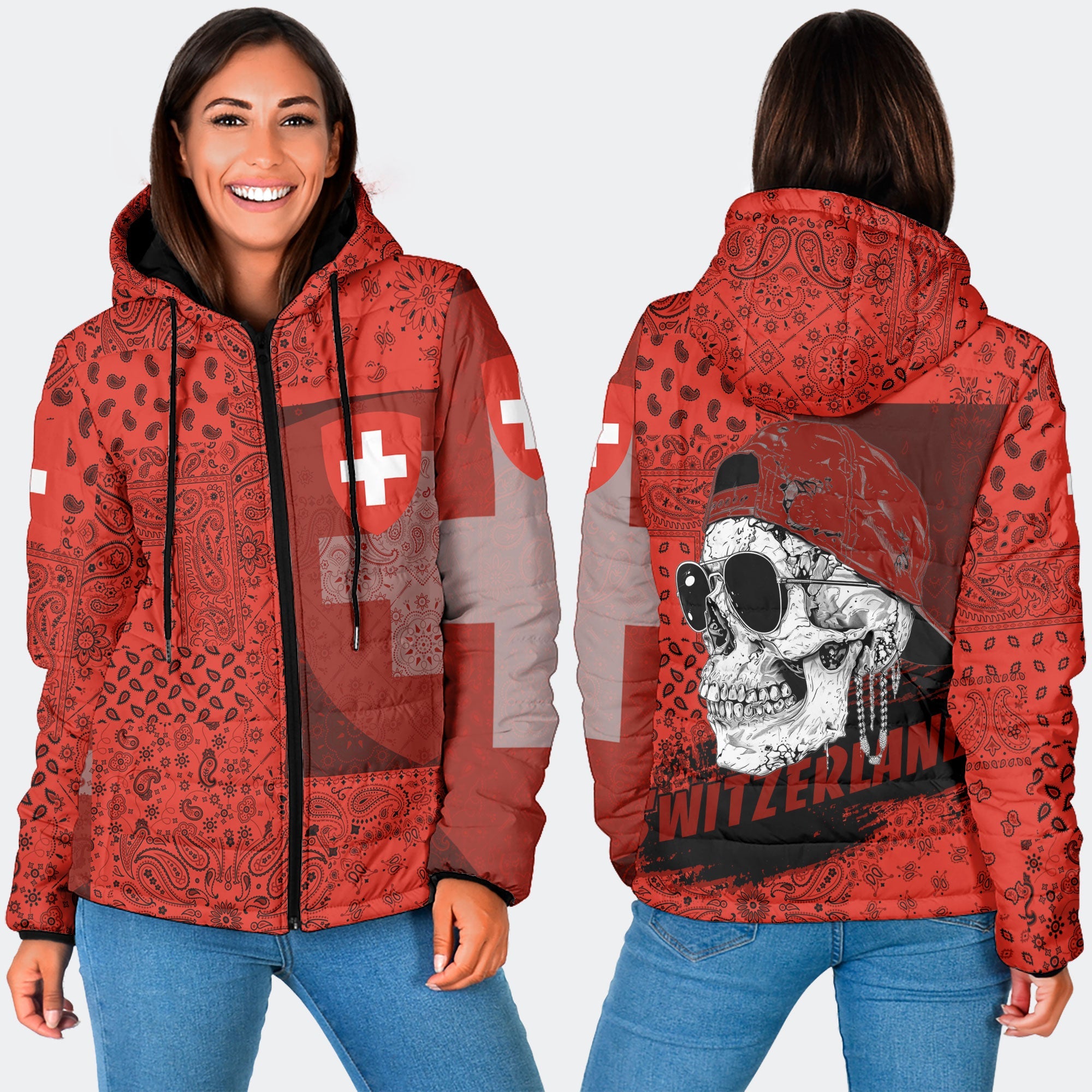 Switzerland Women Hooded Padded Jacket Paisley Flag And Skull Style 3