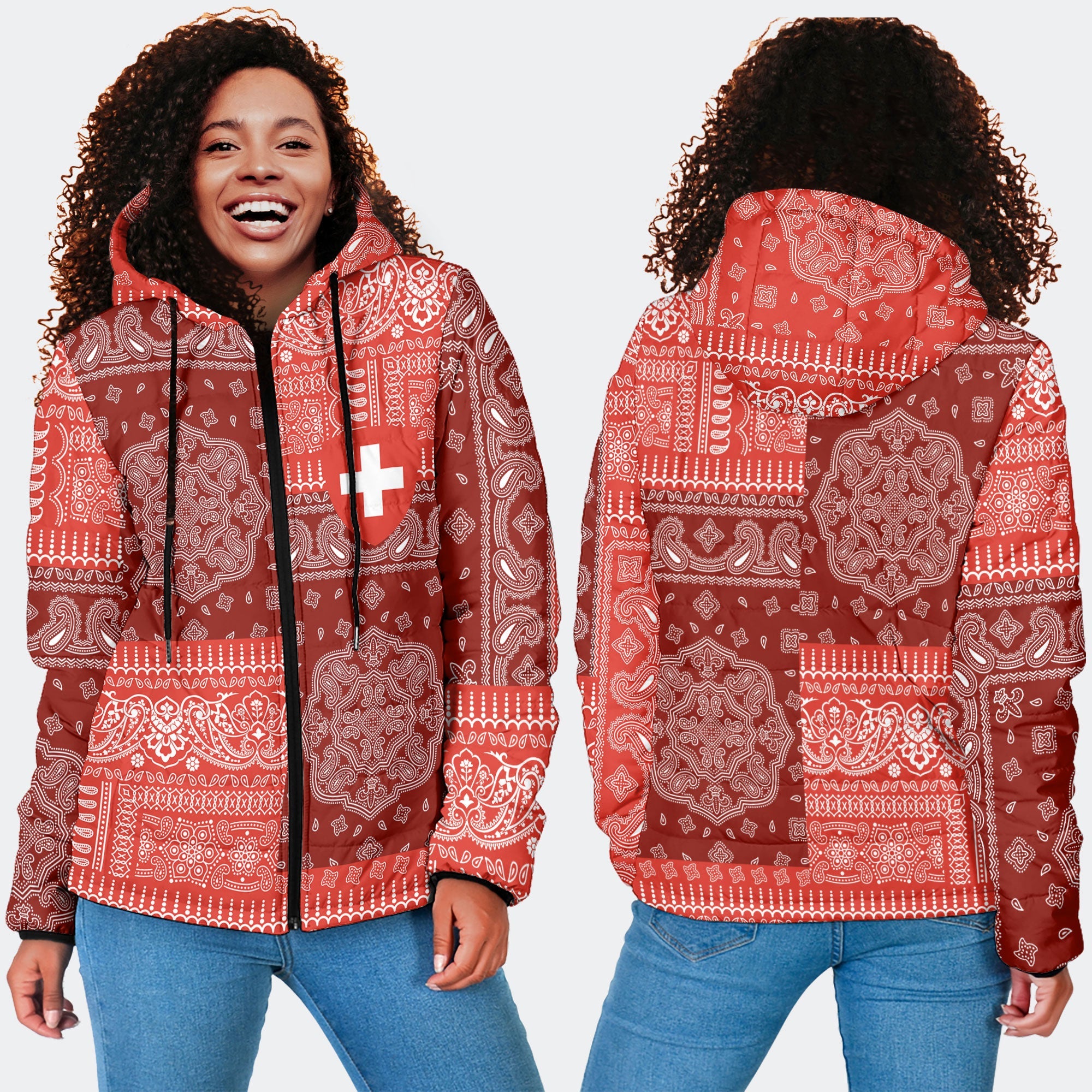 Switzerland Women Hooded Padded Jacket Flag And Paisley Basic Style 4