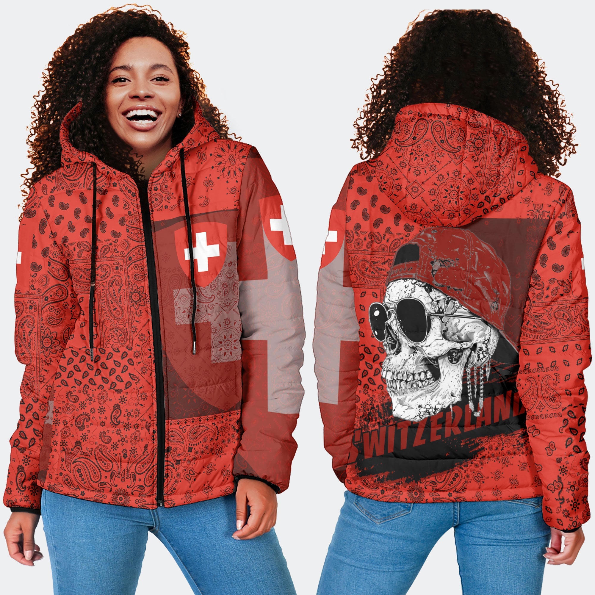 Switzerland Women Hooded Padded Jacket Paisley Flag And Skull Style 4