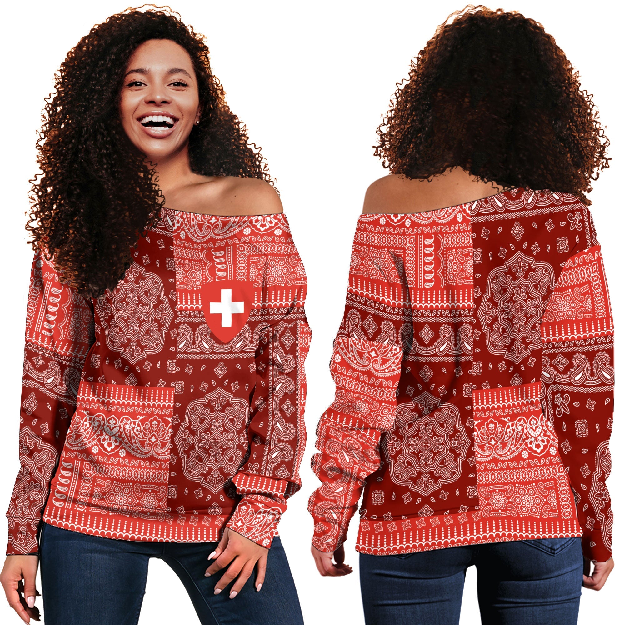 Switzerland Women Off Shoulder Sweatshirt Flag And Paisley Basic Style 1