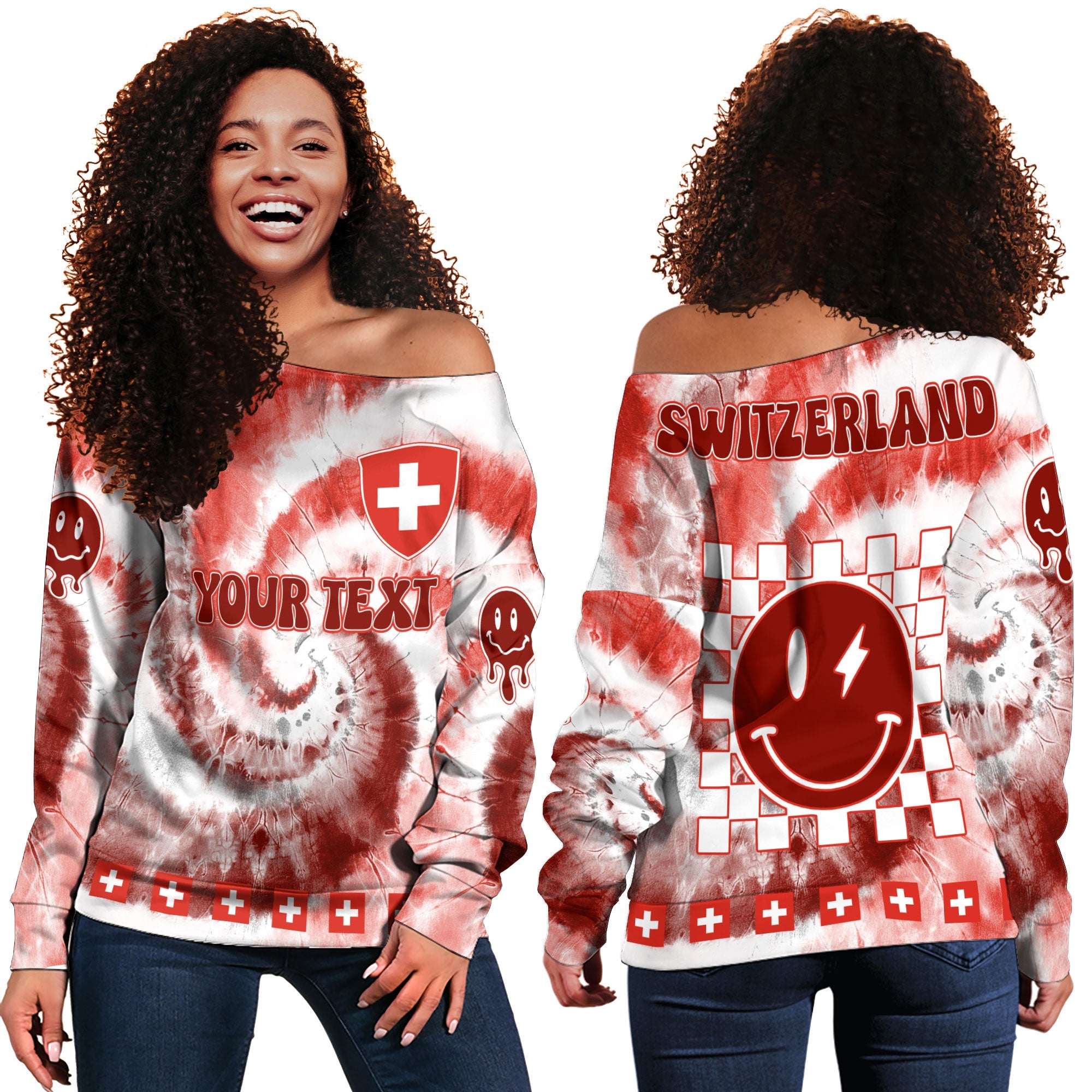 Switzerland Women Off Shoulder Sweatshirt Custom Tie Dye Style 2