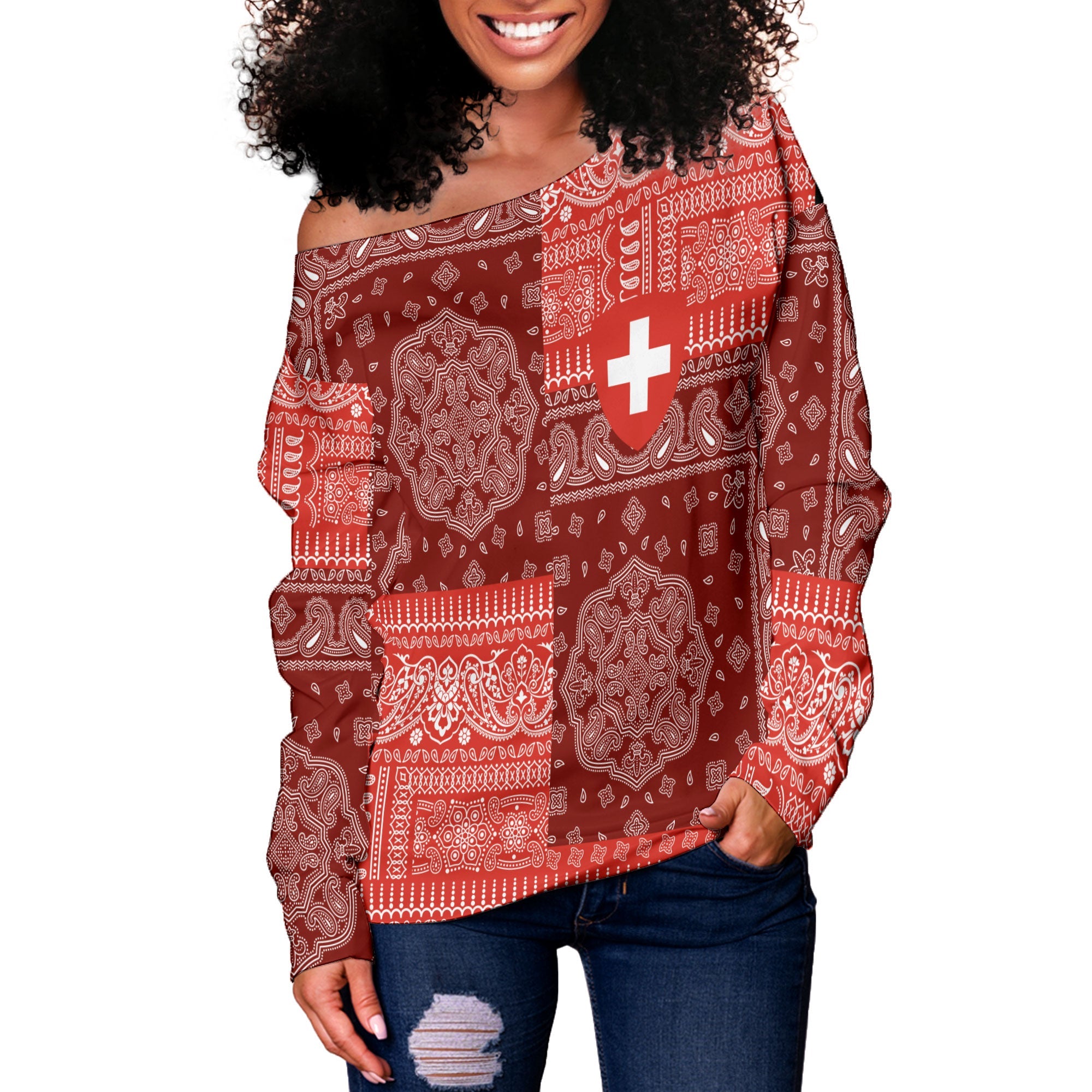 Switzerland Women Off Shoulder Sweatshirt Flag And Paisley Basic Style 2