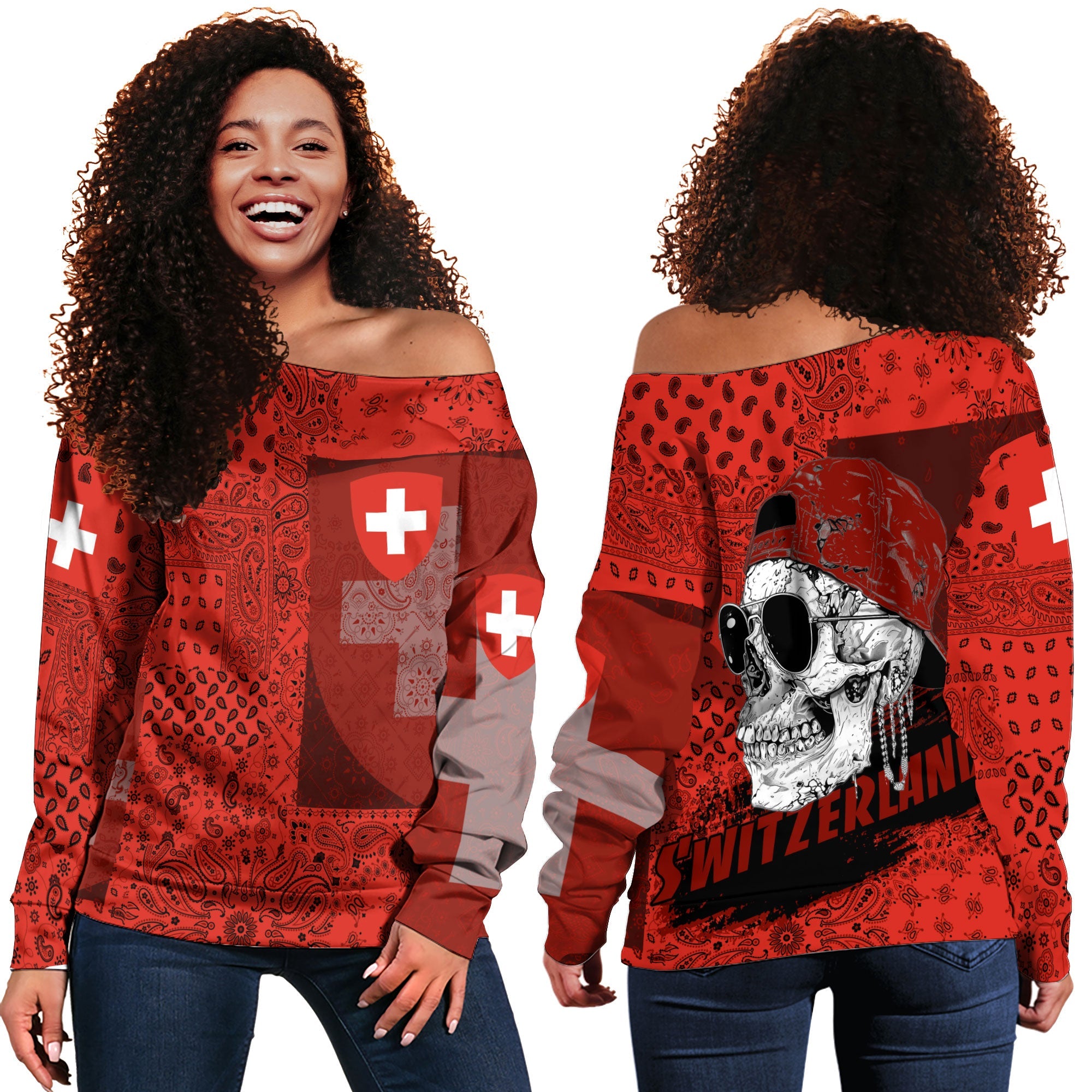 Switzerland Women Off Shoulder Sweatshirt Paisley Flag And Skull Style 1