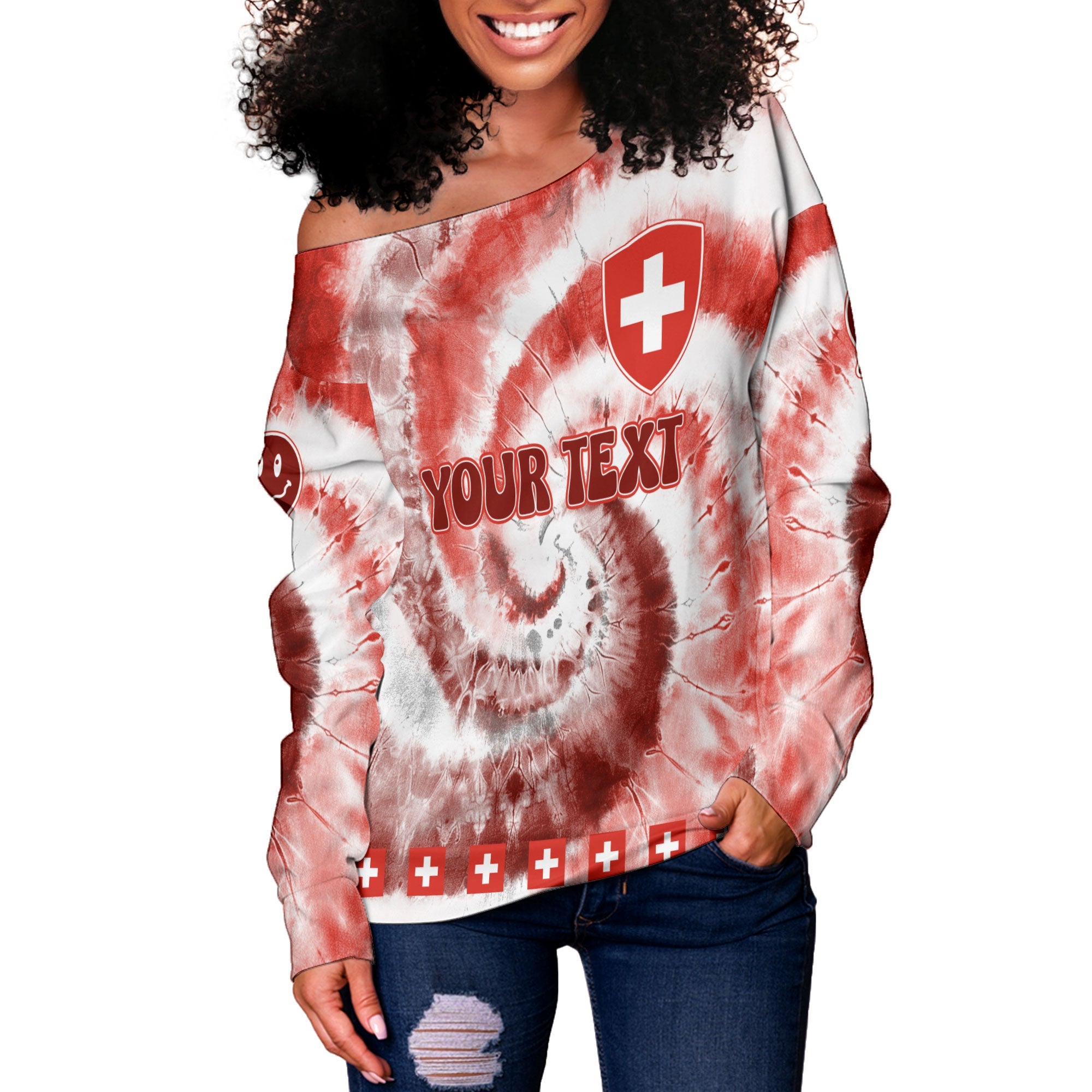 Switzerland Women Off Shoulder Sweatshirt Custom Tie Dye Style 3