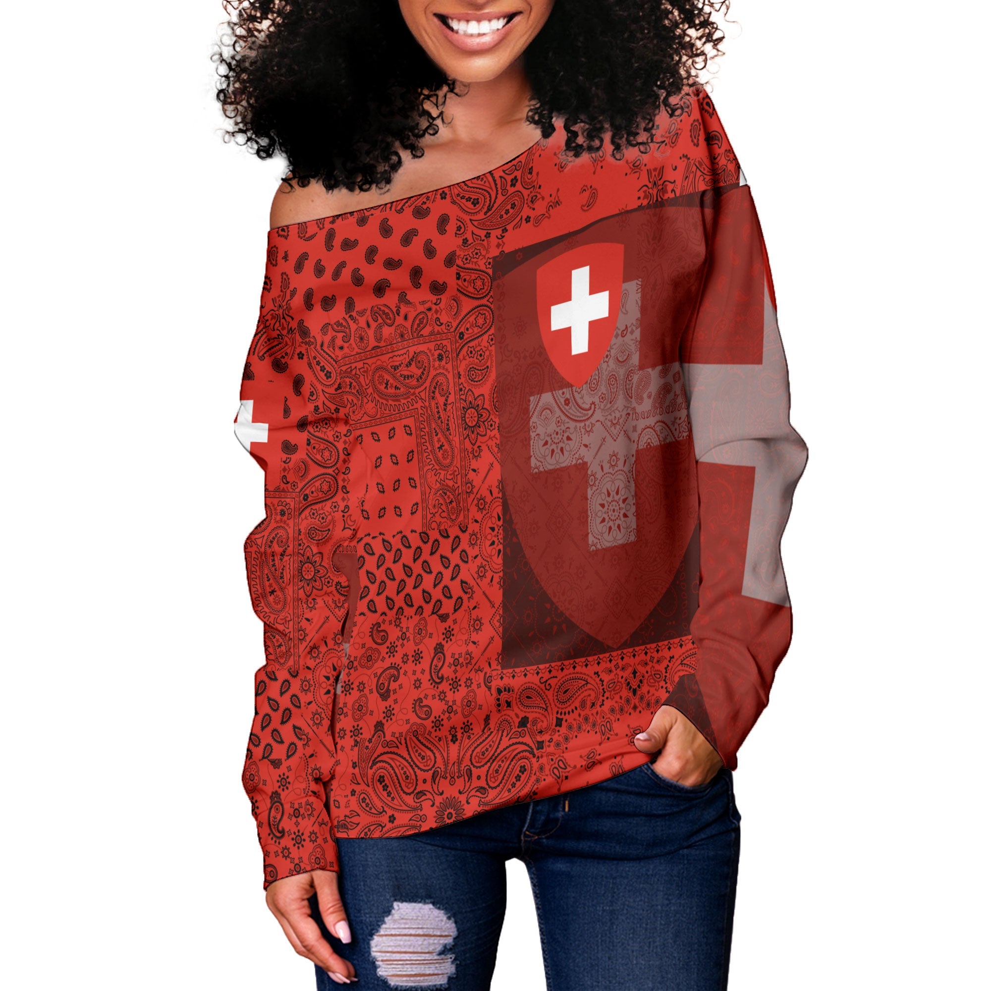 Switzerland Women Off Shoulder Sweatshirt Paisley Flag And Skull Style 2