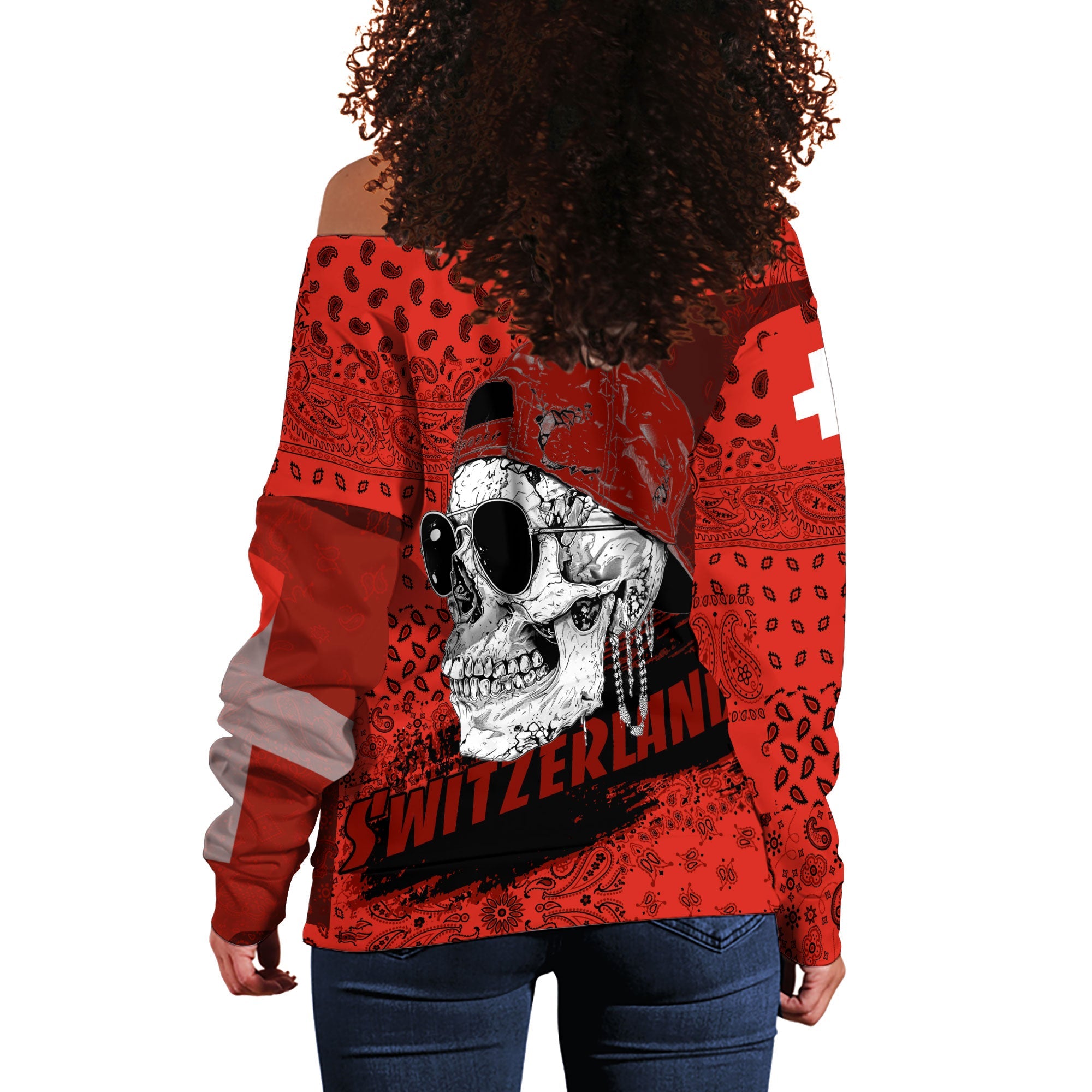 Switzerland Women Off Shoulder Sweatshirt Paisley Flag And Skull Style 3