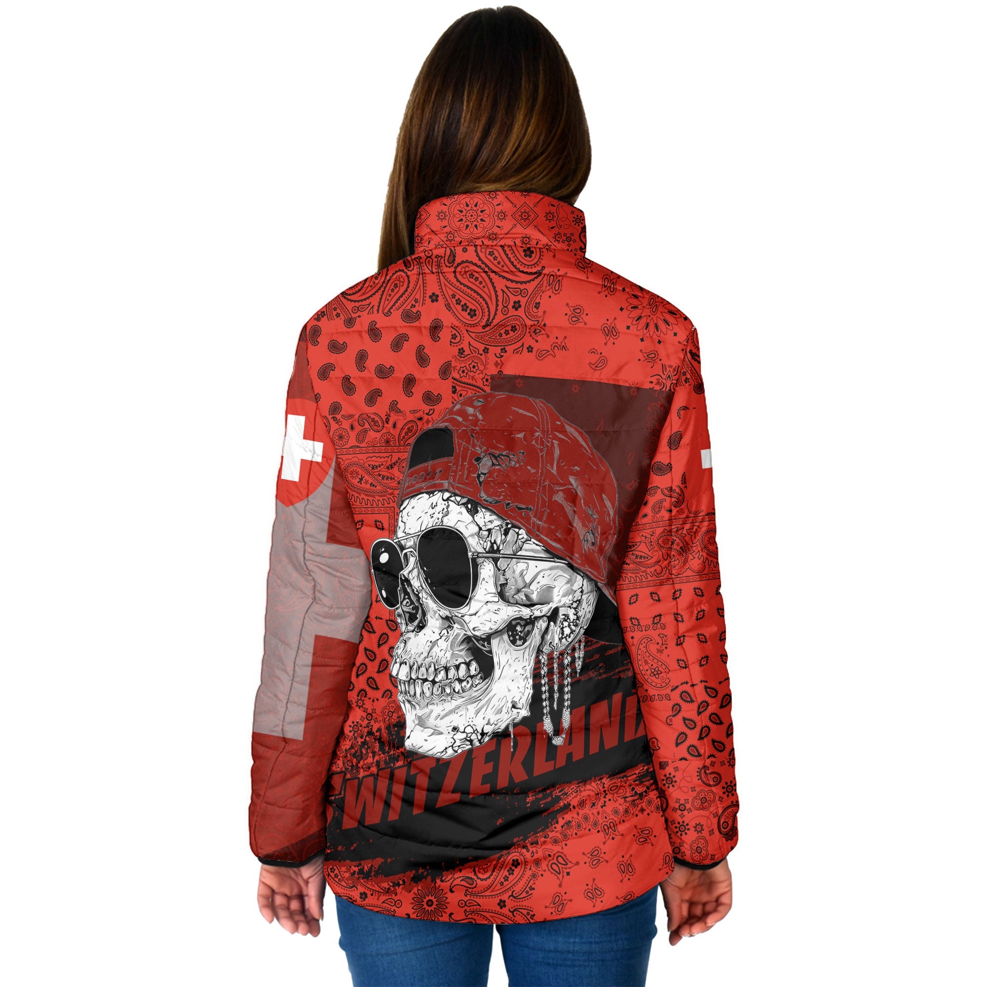 Switzerland Women Padded Jacket Paisley Flag And Skull Style 2