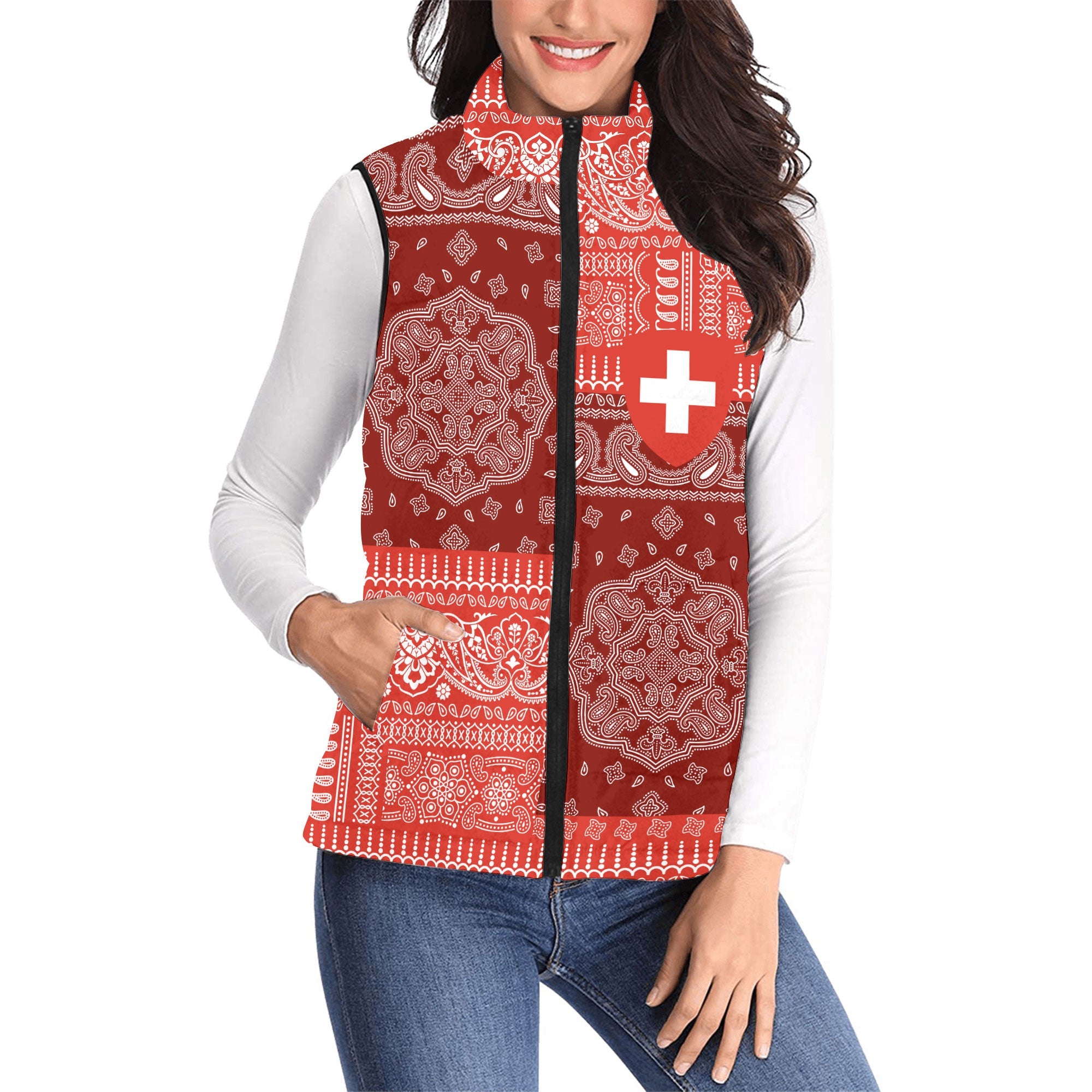 Switzerland Women Padded Jacket Vest Flag And Paisley Basic Style 1