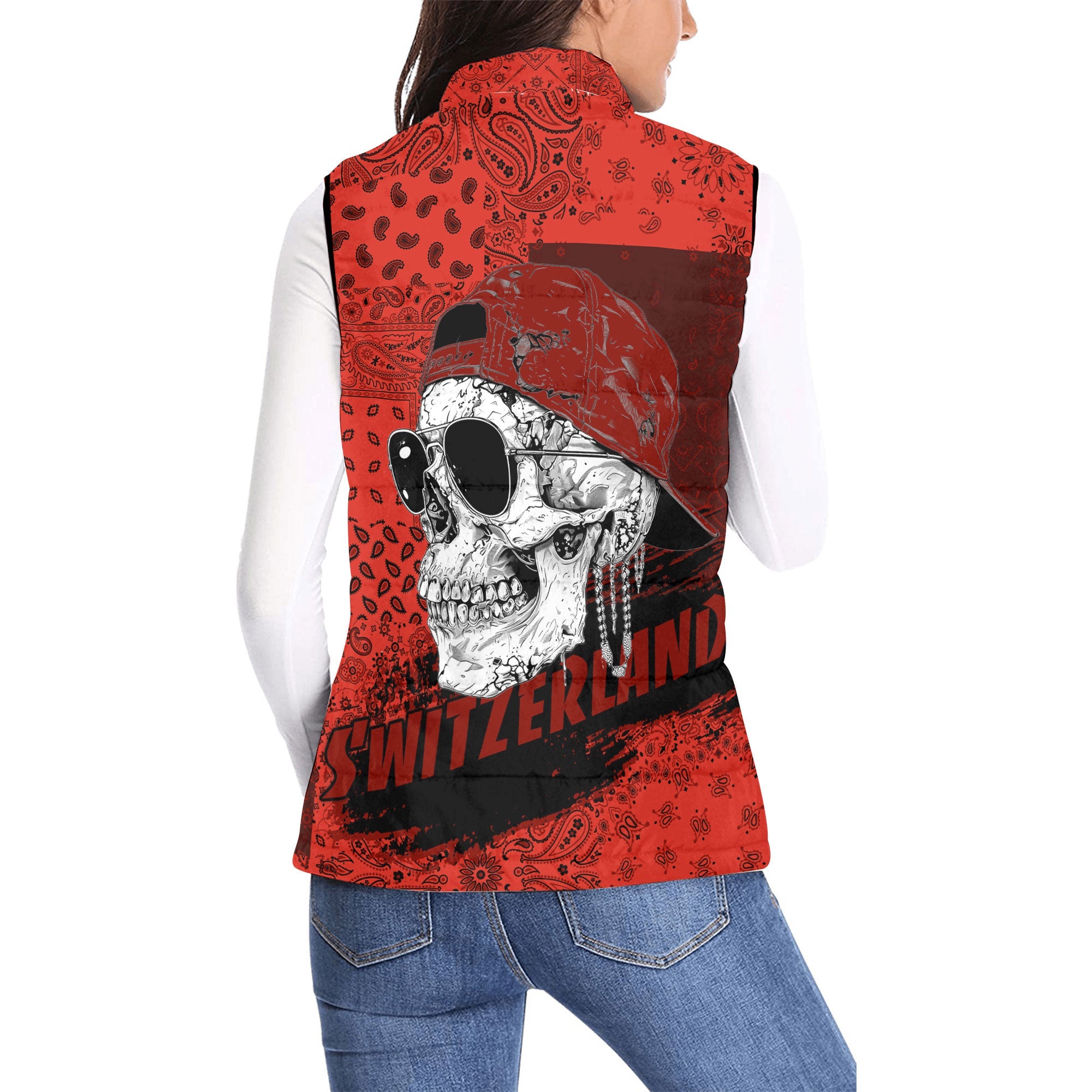 Switzerland Women Padded Jacket Vest Paisley Flag And Skull Style 2