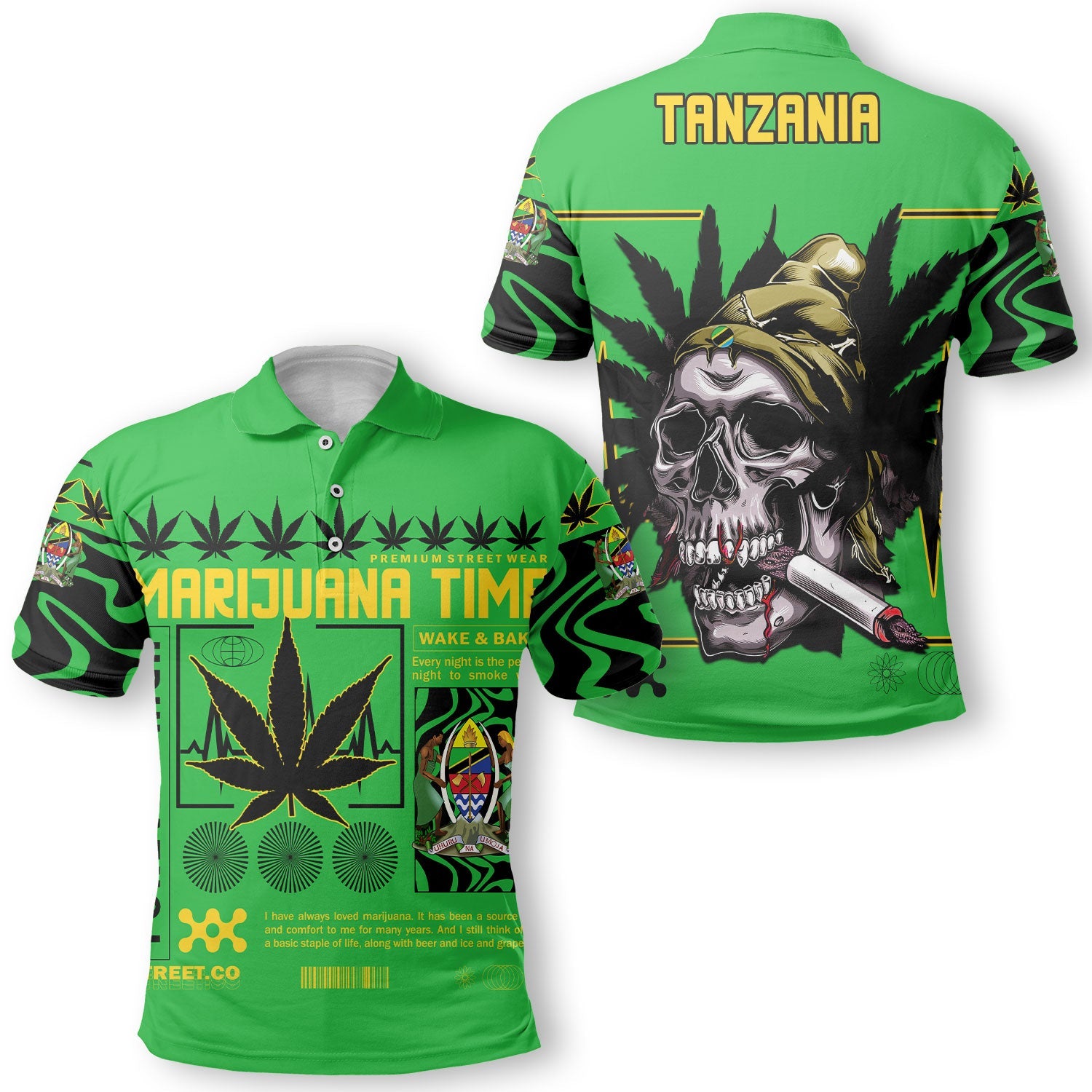 Tanzania Polo Shirt Flag & Coat Of Arms Marijuanas Style