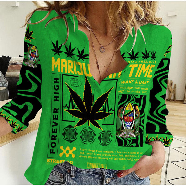 Tanzania Women Casual Shirt Flag & Coat Of Arms Marijuanas Style