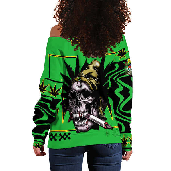 Tanzania Women Off Shoulder Sweatshirt Flag & Coat Of Arms Marijuanas Style