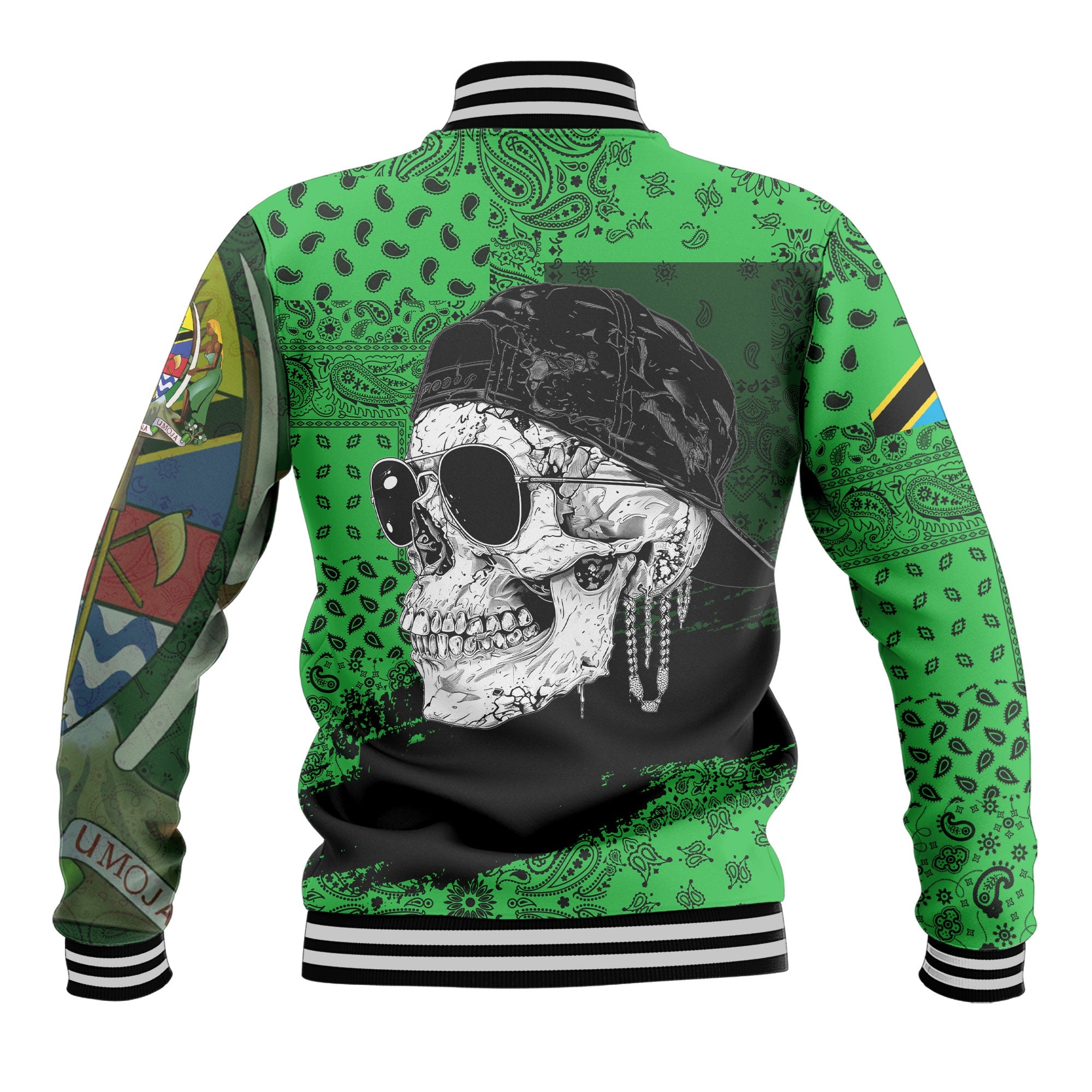 Tanzania Baseball Jacket Paisley Flag And Skull Style 3