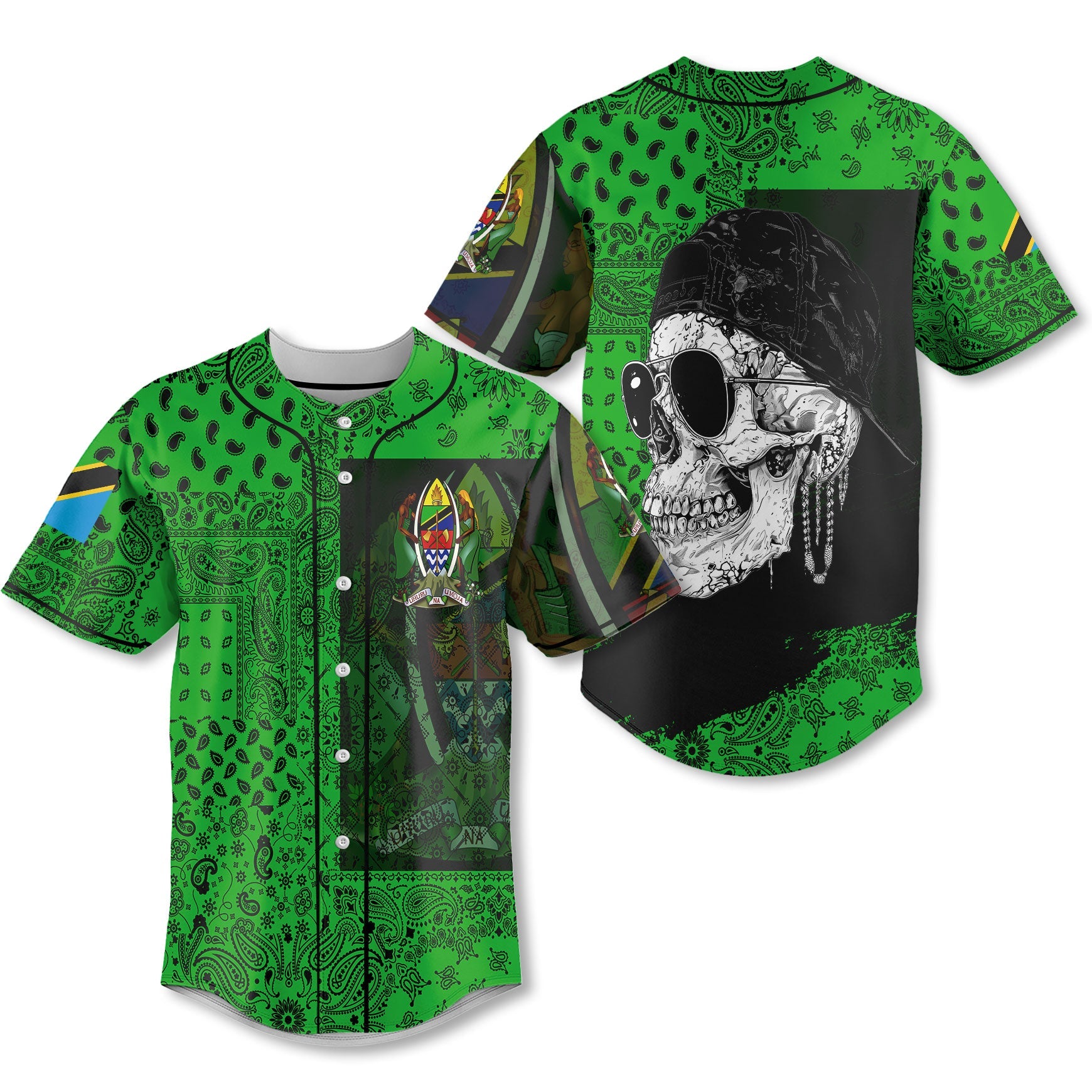 Tanzania Baseball Jersey Paisley Flag And Skull Style 1