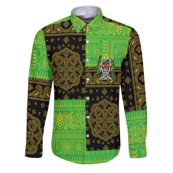 Tanzania Long Sleeve Button Shirt Flag And Paisley Basic Style 1