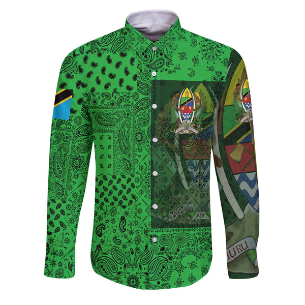 Tanzania Long Sleeve Button Shirt Paisley Flag And Skull Style 1