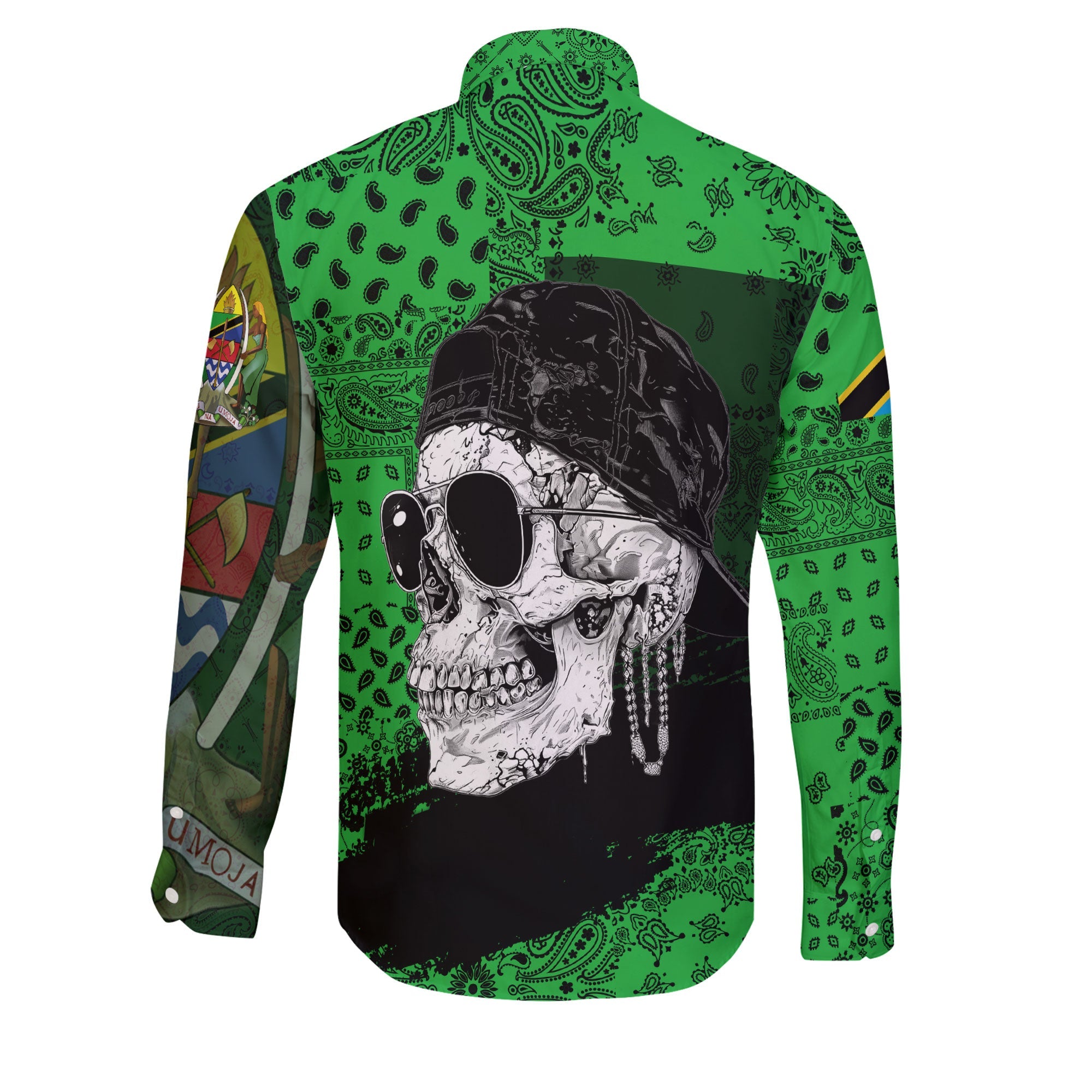 Tanzania Long Sleeve Button Shirt Paisley Flag And Skull Style 2