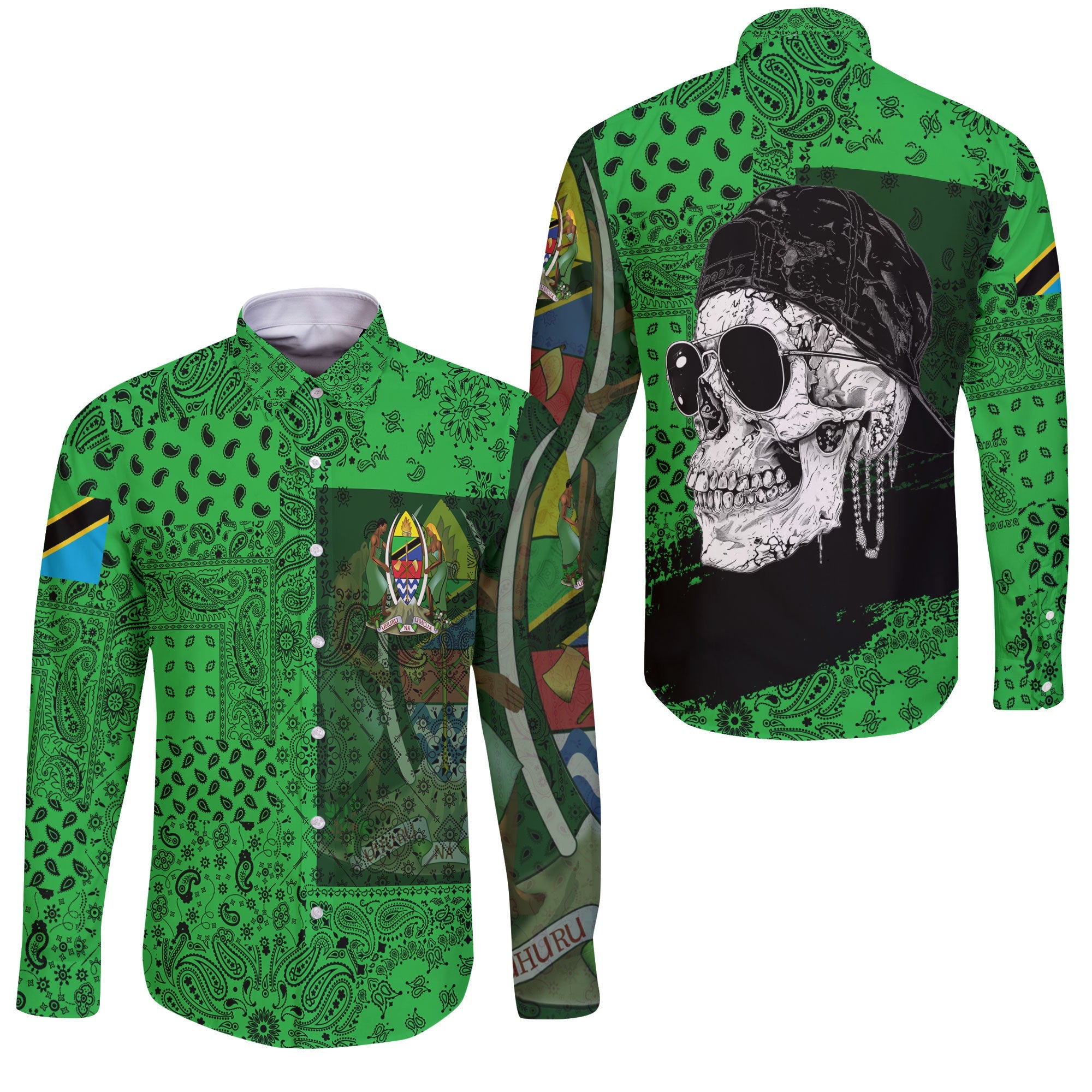 Tanzania Long Sleeve Button Shirt Paisley Flag And Skull Style 3