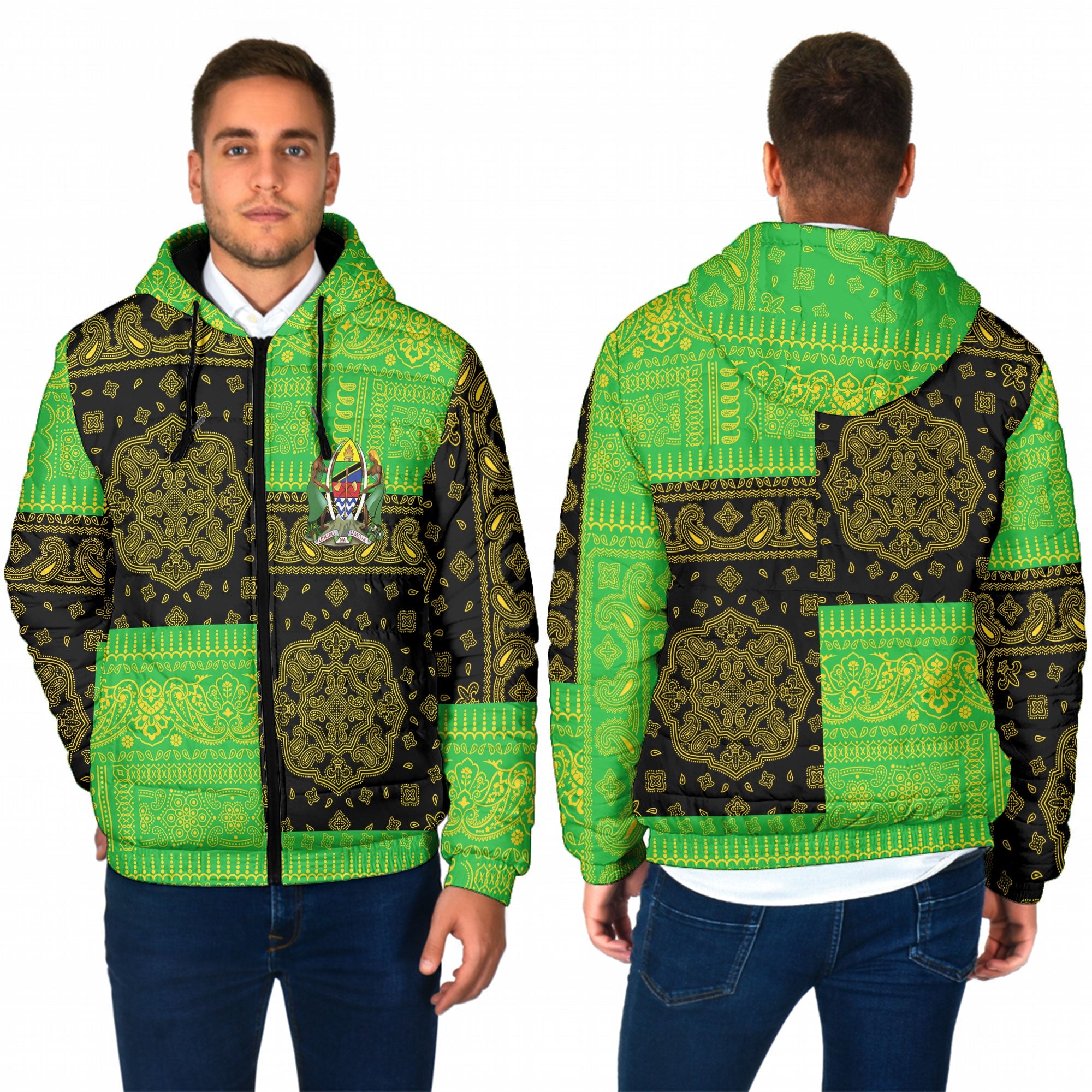 Tanzania Men Hooded Padded Jacket Flag And Paisley Basic Style 1