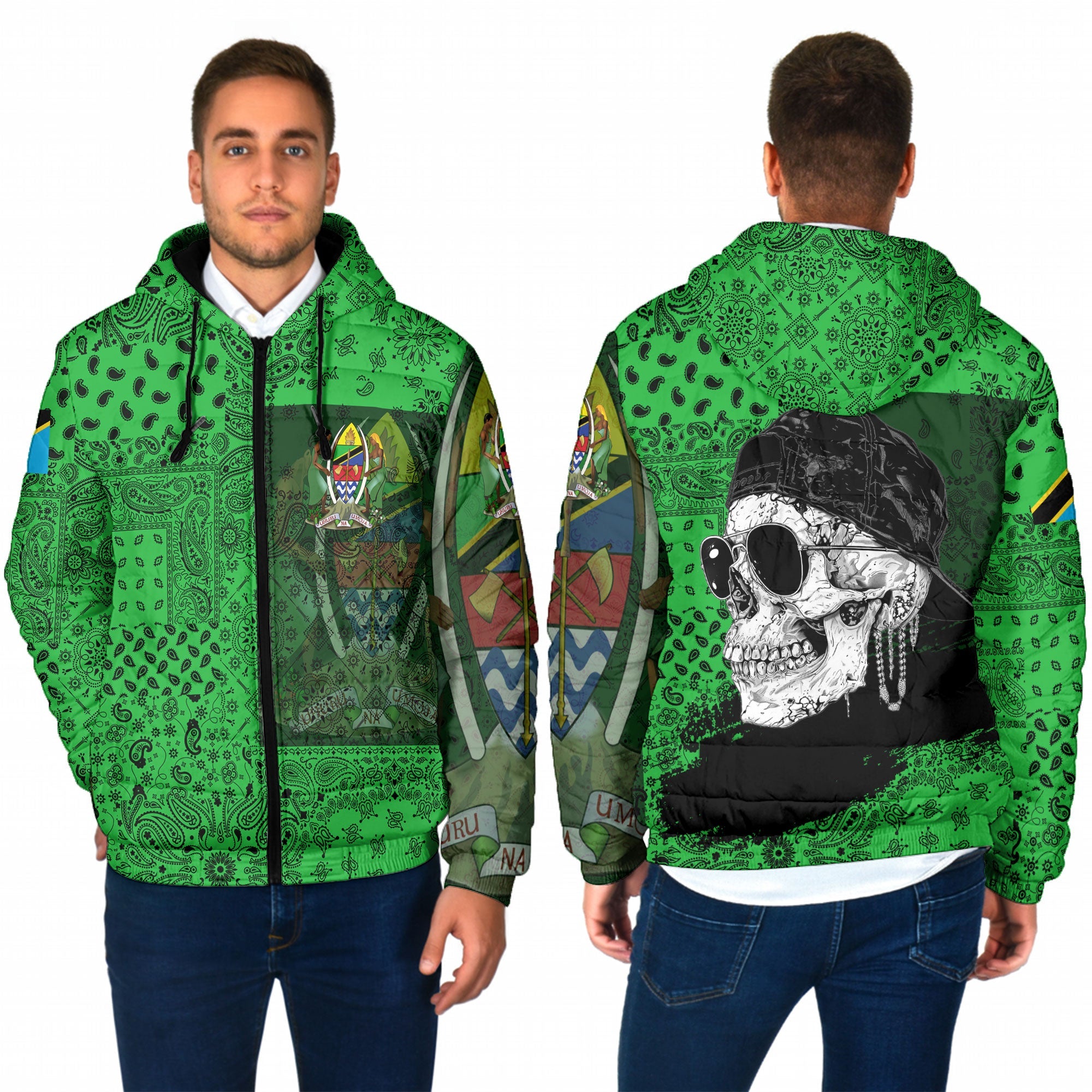 Tanzania Men Hooded Padded Jacket Paisley Flag And Skull Style 1