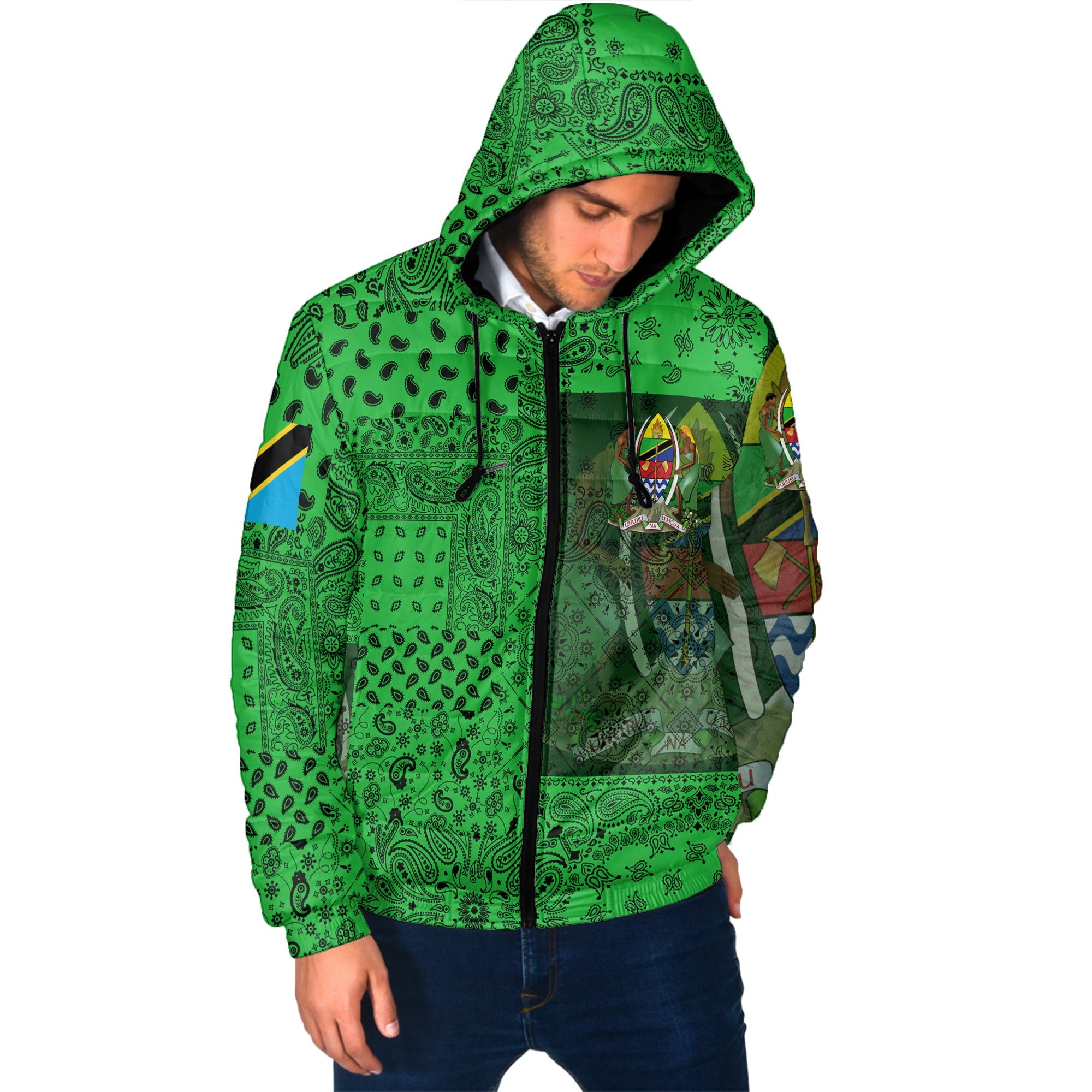 Tanzania Men Hooded Padded Jacket Paisley Flag And Skull Style 2