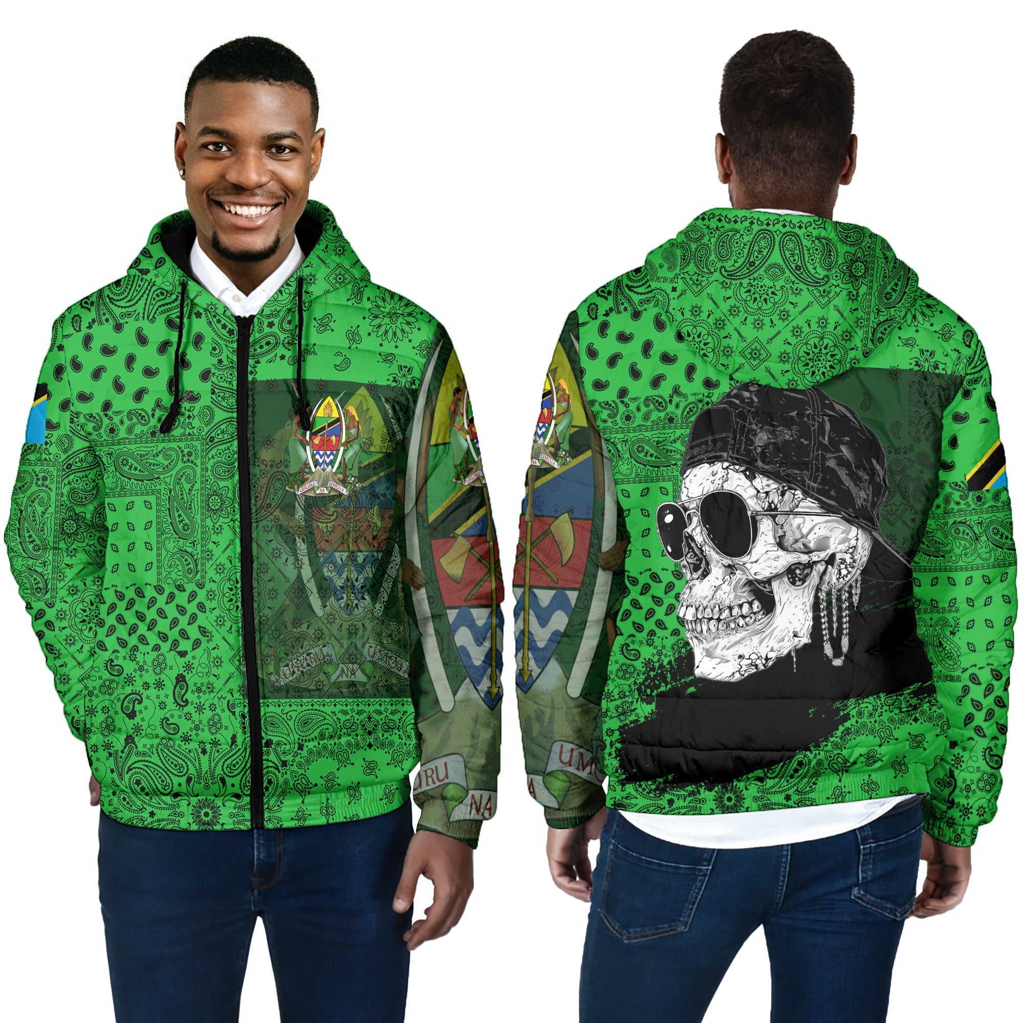 Tanzania Men Hooded Padded Jacket Paisley Flag And Skull Style 4