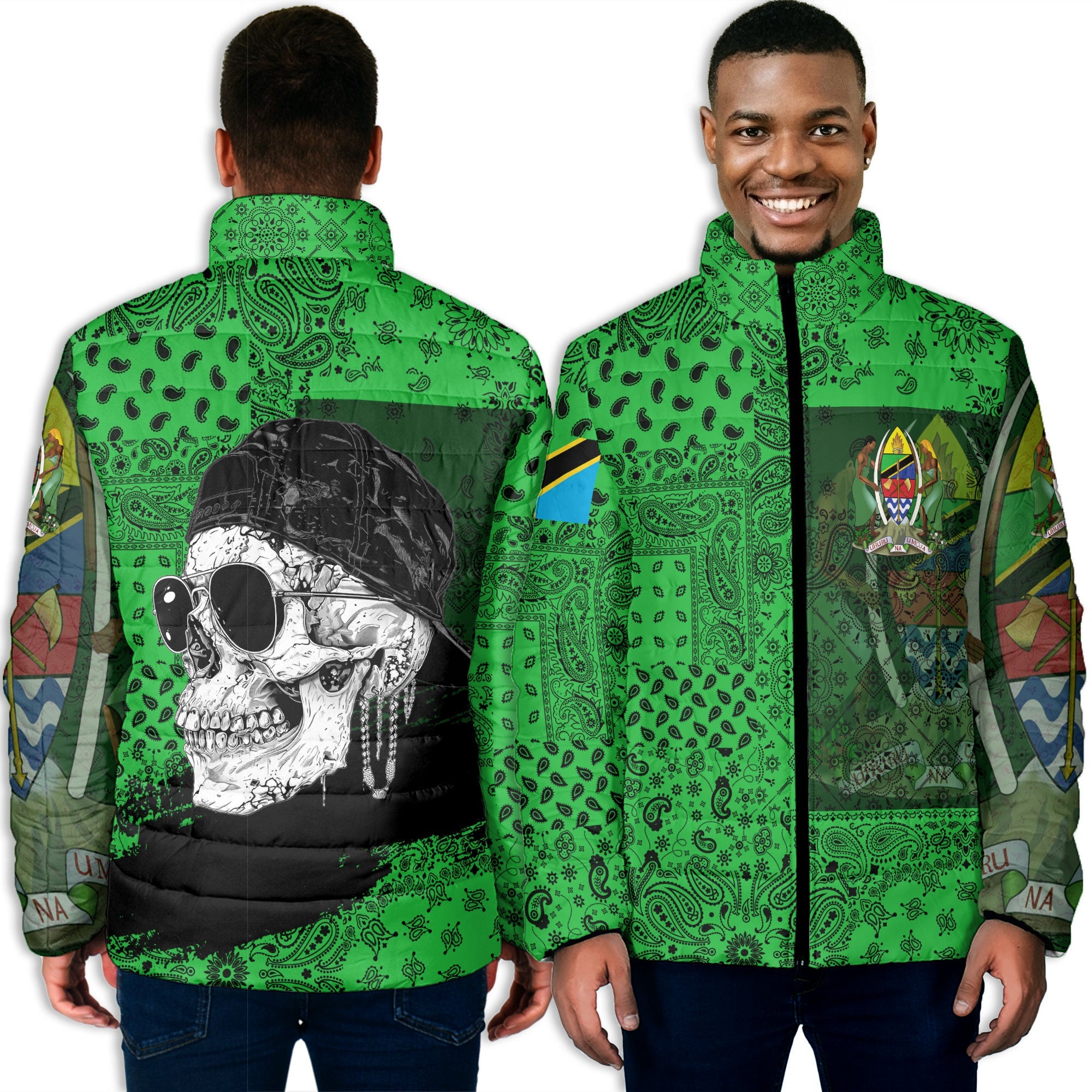 Tanzania Men Padded Jacket Paisley Flag And Skull Style 3