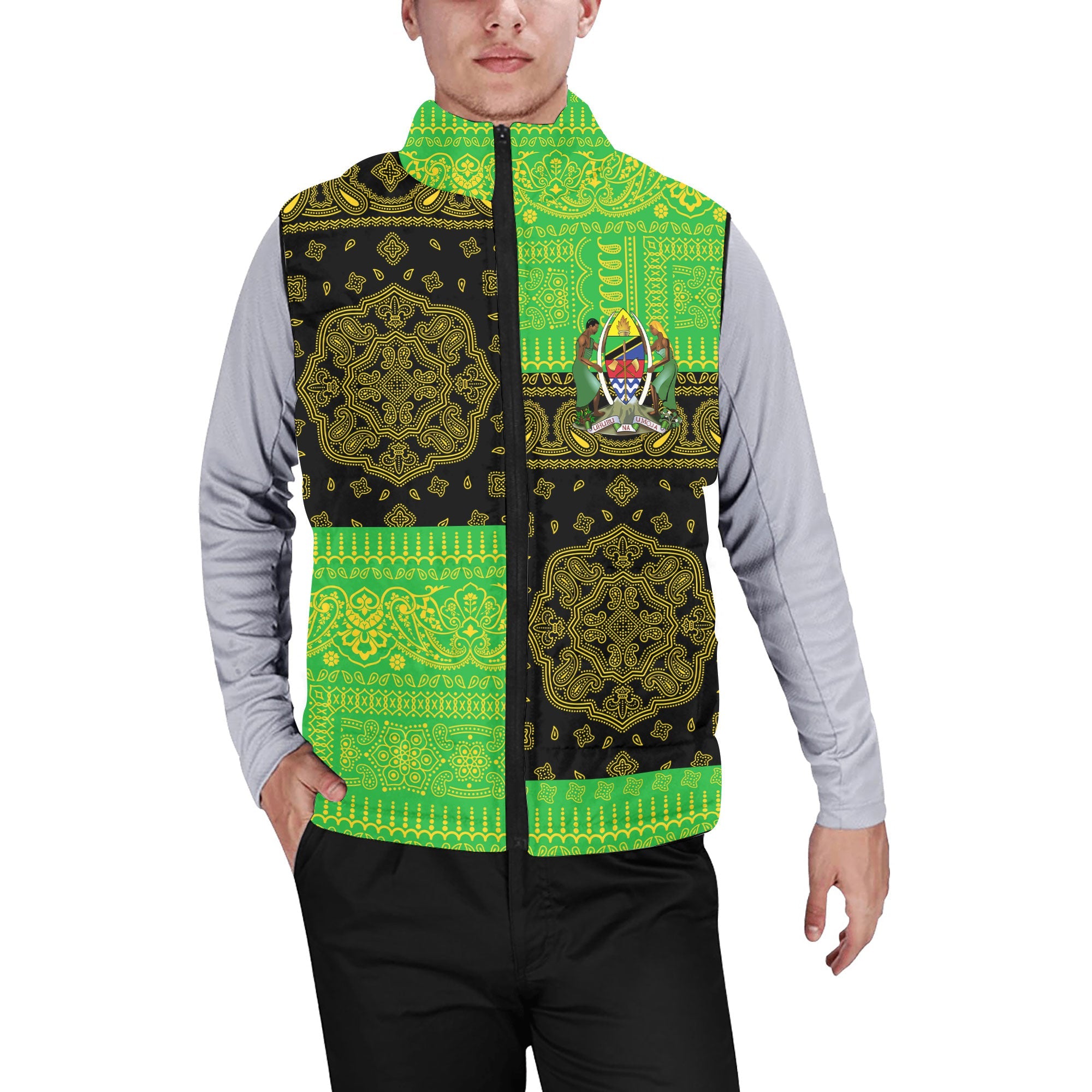 Tanzania Men Padded Jacket Vest Flag And Paisley Basic Style 1