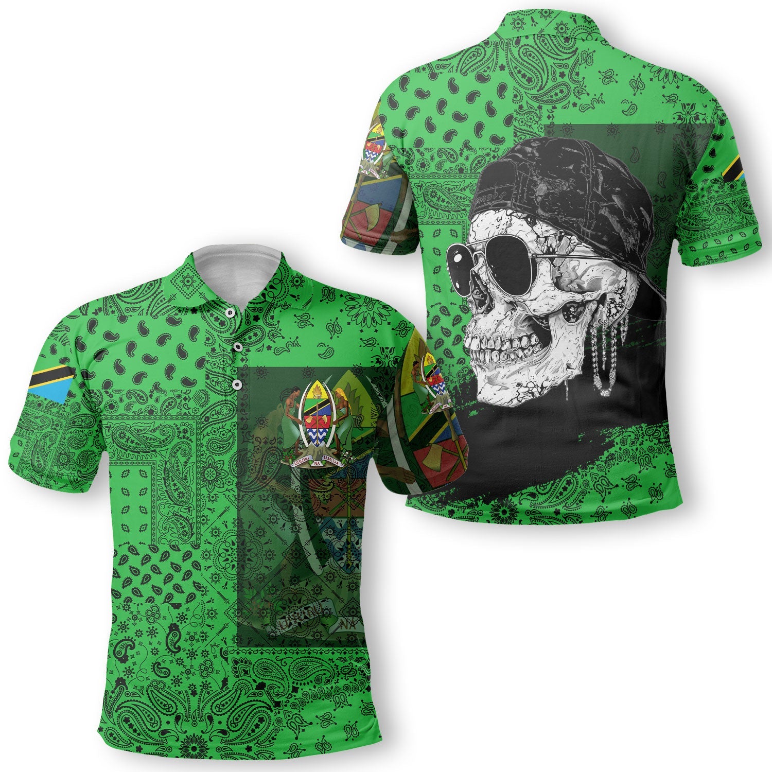 Tanzania Polo Shirt Paisley Flag And Skull Style 1