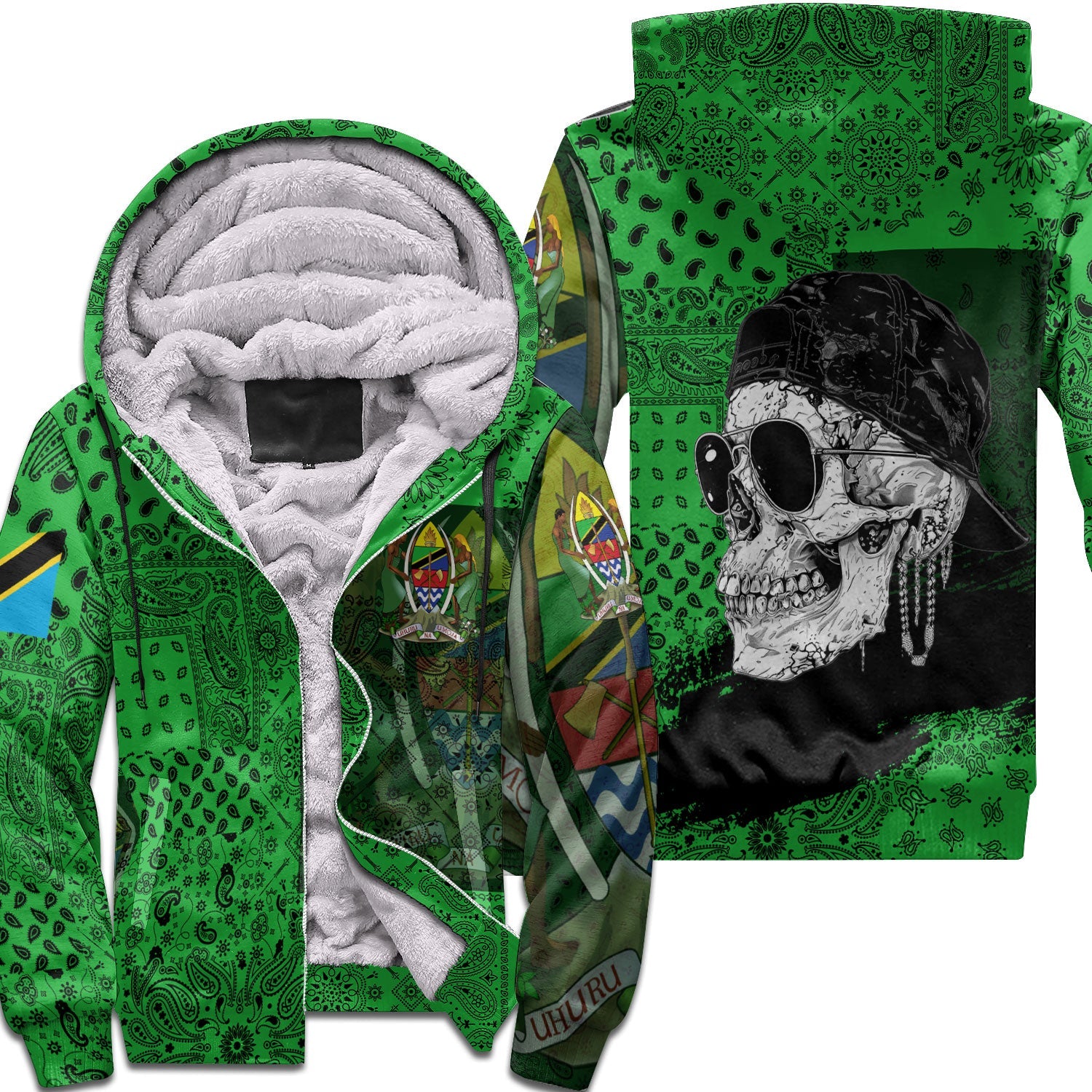 Tanzania Sherpa Hoodie Paisley Flag And Skull Style 1