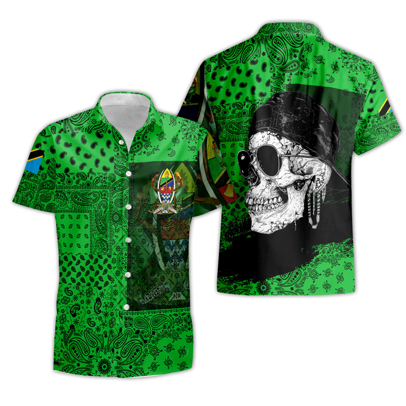 Tanzania Short Sleeve Shirt Paisley Flag And Skull Style 3