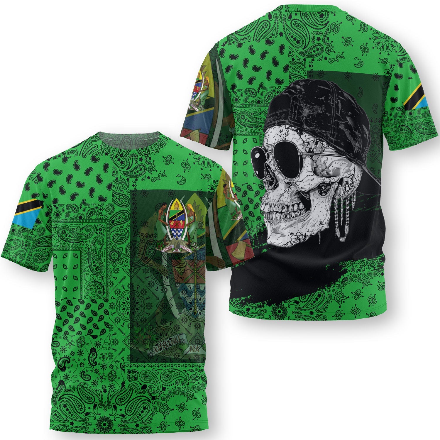 Tanzania T Shirt Paisley Flag And Skull Style 3