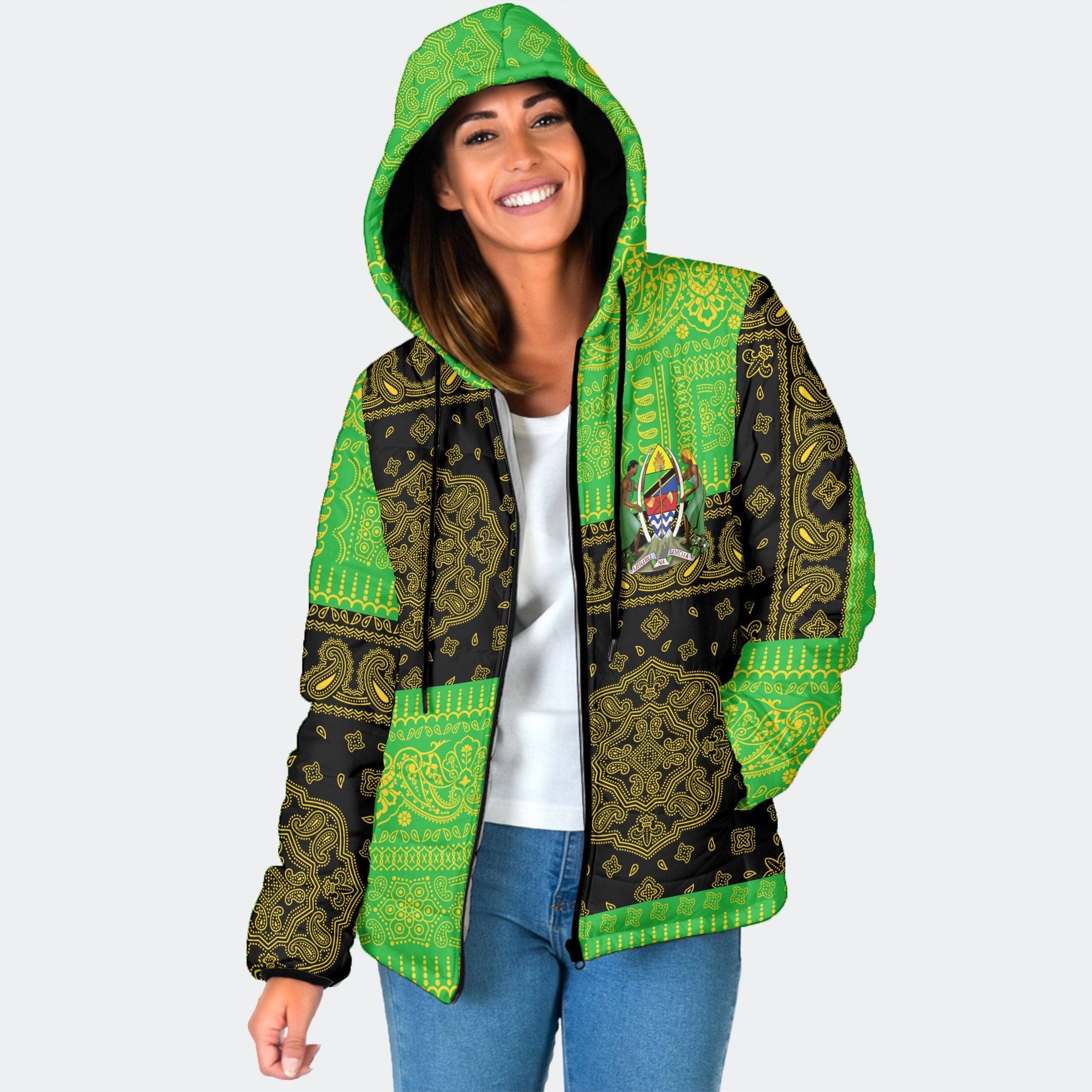 Tanzania Women Hooded Padded Jacket Flag And Paisley Basic Style 1